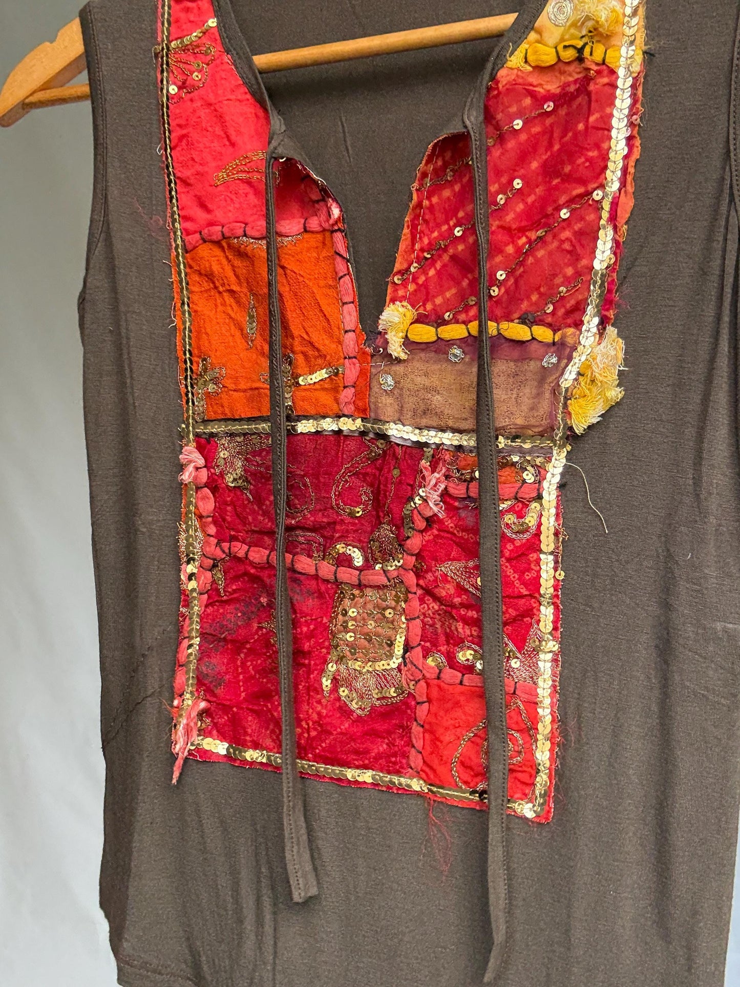 Boho k2 sleeveless top with handmade sequin patchwork, brown stretch tank made in Italy, soft viscose blend, artisan hippie style