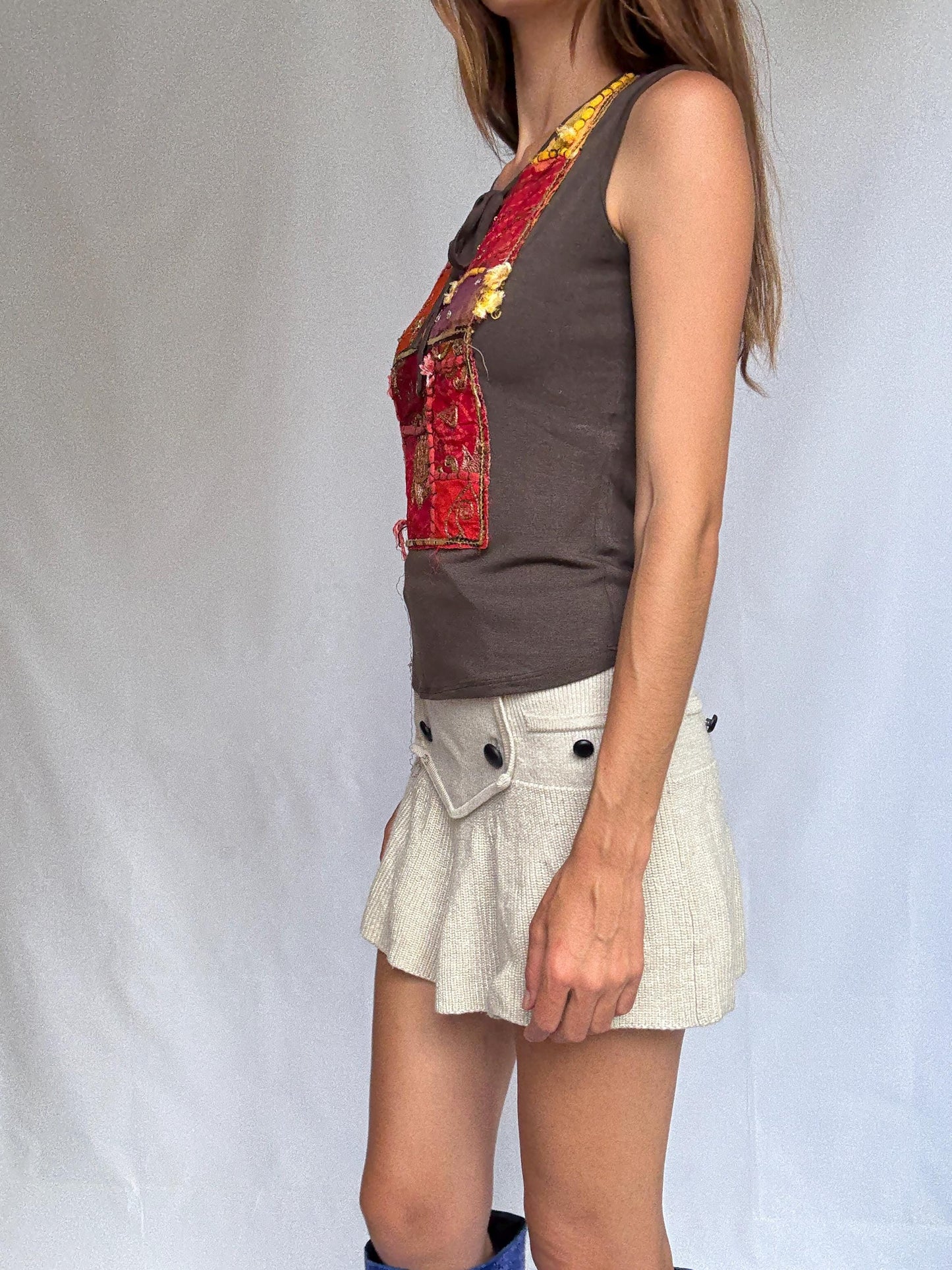 Boho k2 sleeveless top with handmade sequin patchwork, brown stretch tank made in Italy, soft viscose blend, artisan hippie style