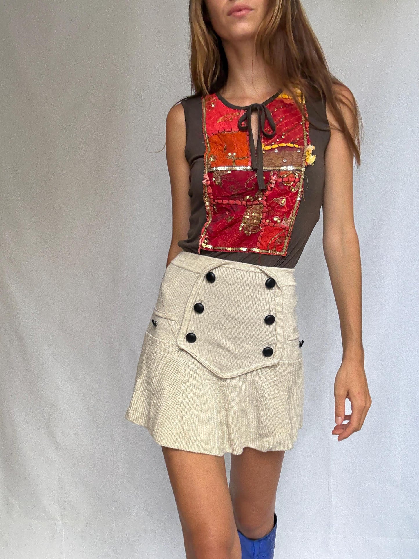 Boho k2 sleeveless top with handmade sequin patchwork, brown stretch tank made in Italy, soft viscose blend, artisan hippie style