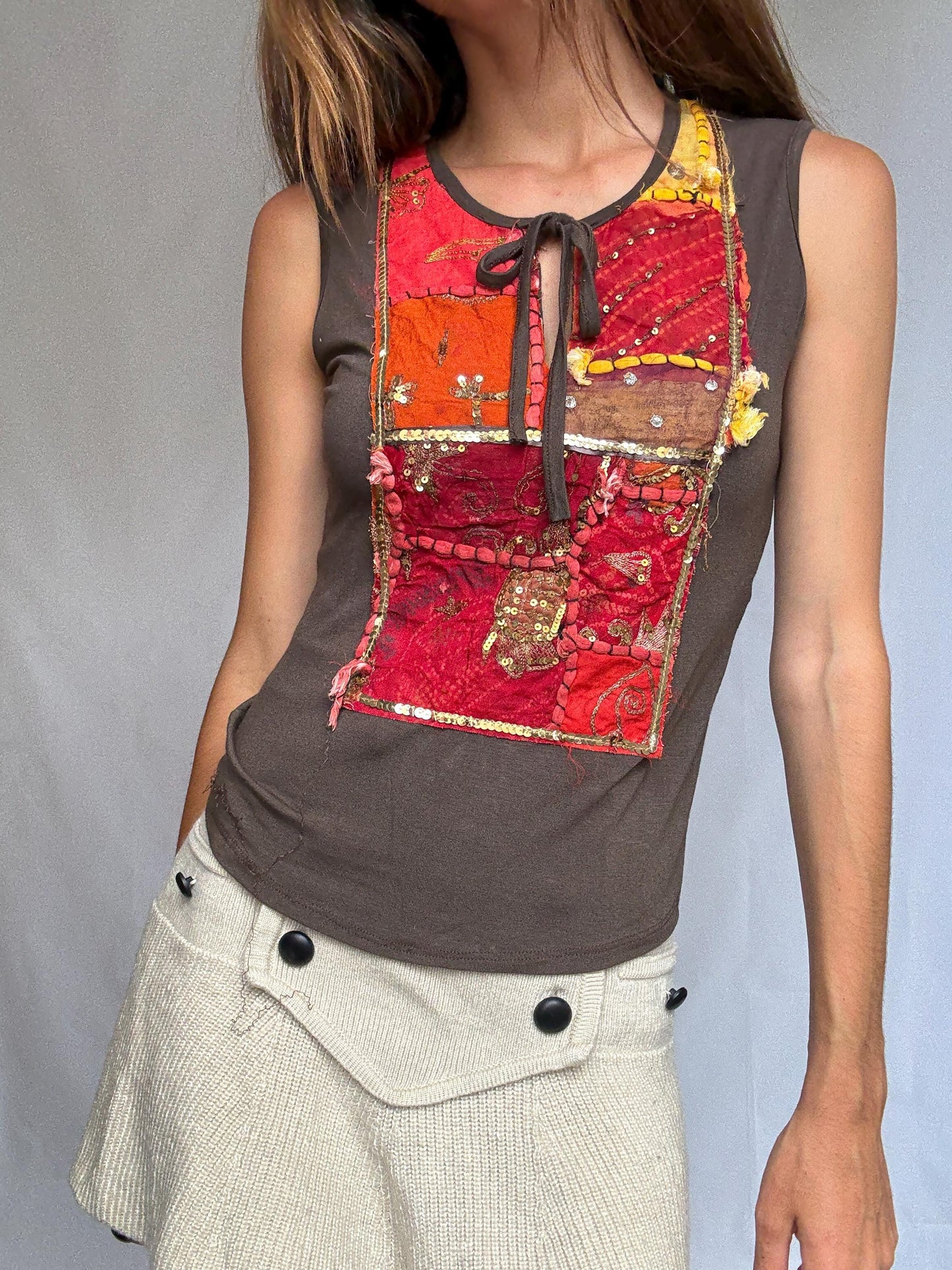 Boho k2 sleeveless top with handmade sequin patchwork, brown stretch tank made in Italy, soft viscose blend, artisan hippie style