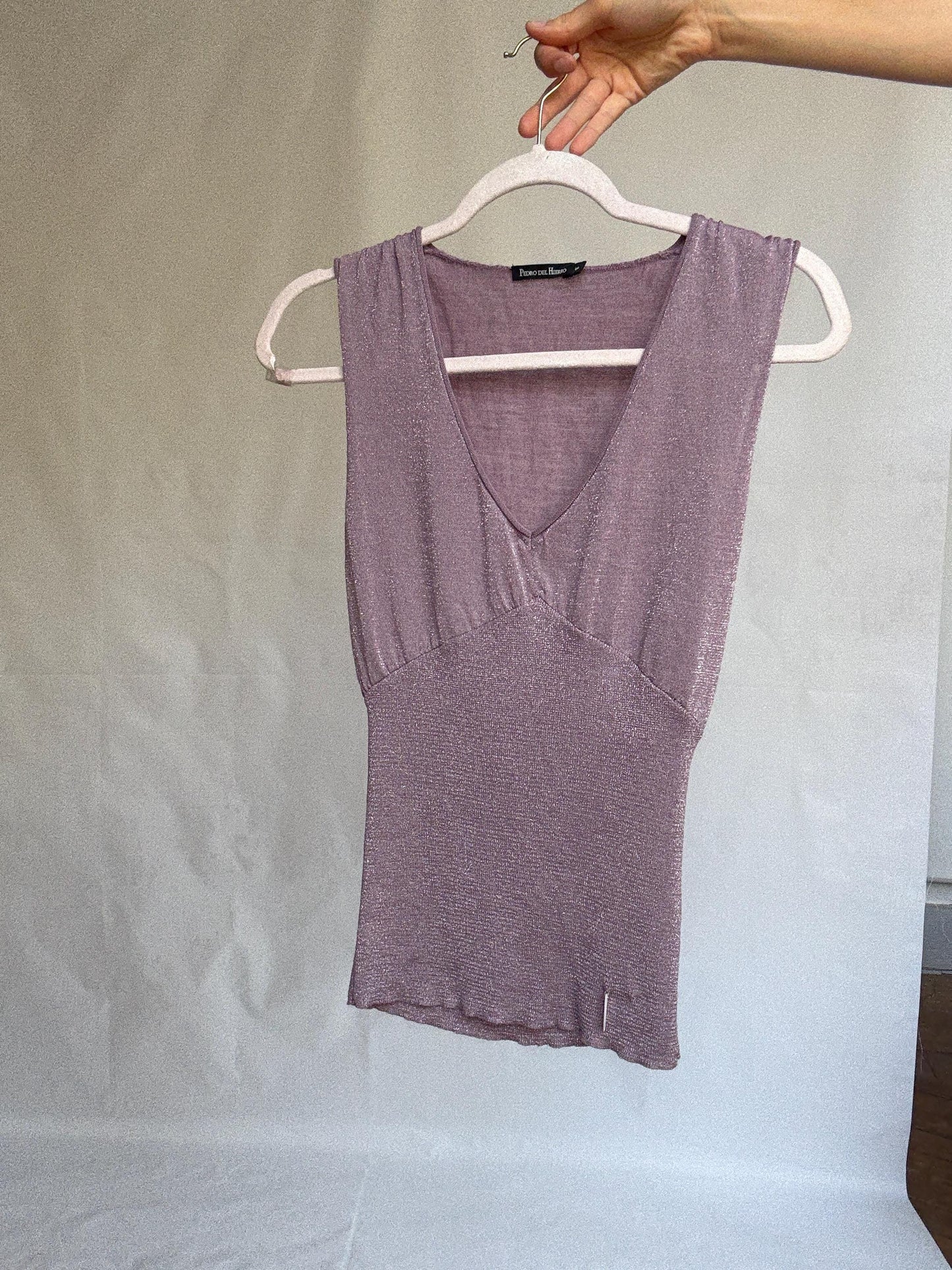 Vintage Pedro del Hierro Glitter Knit Top – Silver Lilac Camisole – Y2K Party Vibes