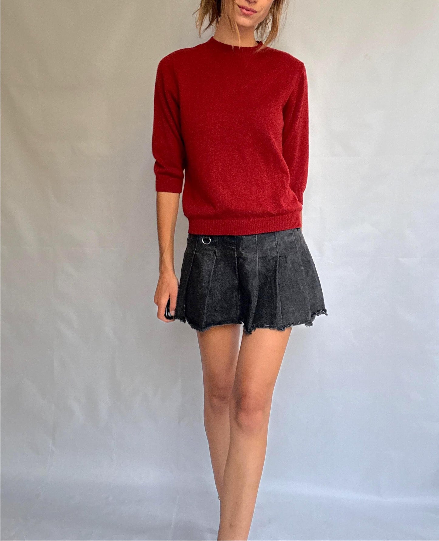 Vintage red jumper by Adolfo Dominguez – wool blend feel, crew neck, soft textured knit, relaxed fit, size L