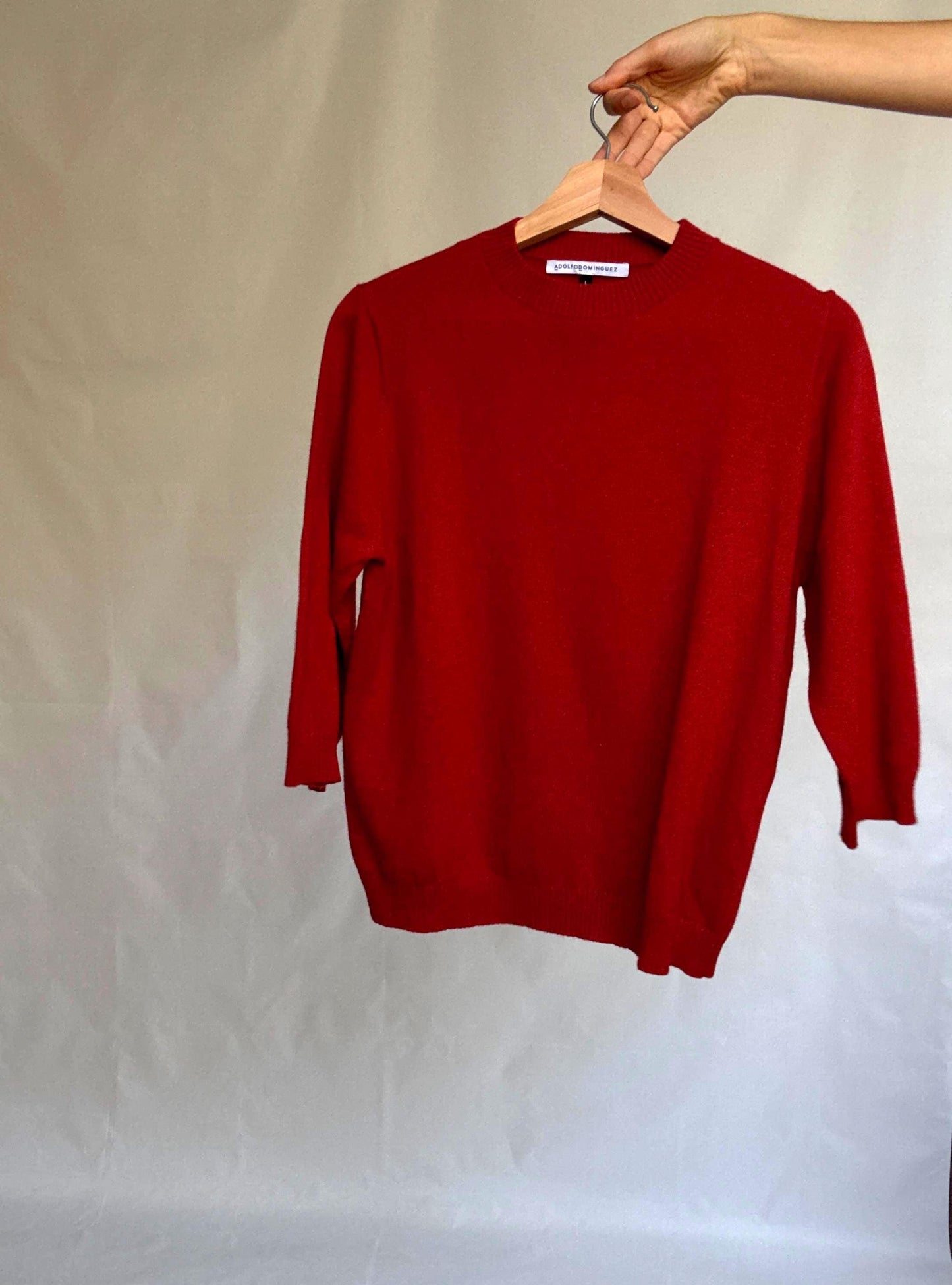 Vintage red jumper by Adolfo Dominguez – wool blend feel, crew neck, soft textured knit, relaxed fit, size L