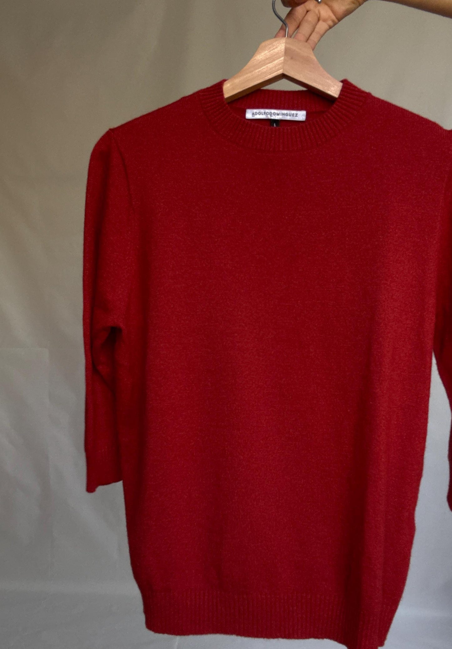 Vintage red jumper by Adolfo Dominguez – wool blend feel, crew neck, soft textured knit, relaxed fit, size L