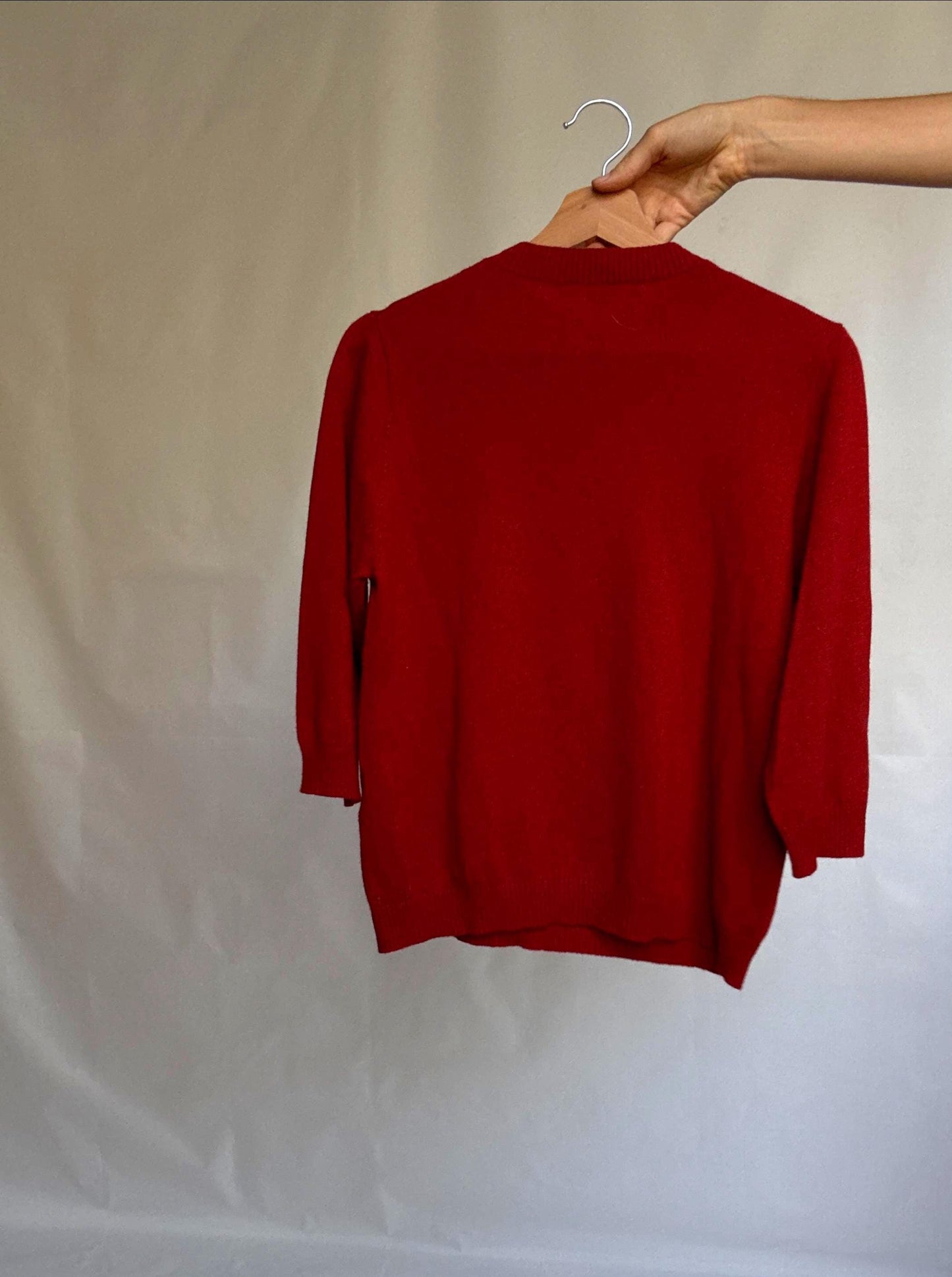 Vintage red jumper by Adolfo Dominguez – wool blend feel, crew neck, soft textured knit, relaxed fit, size L