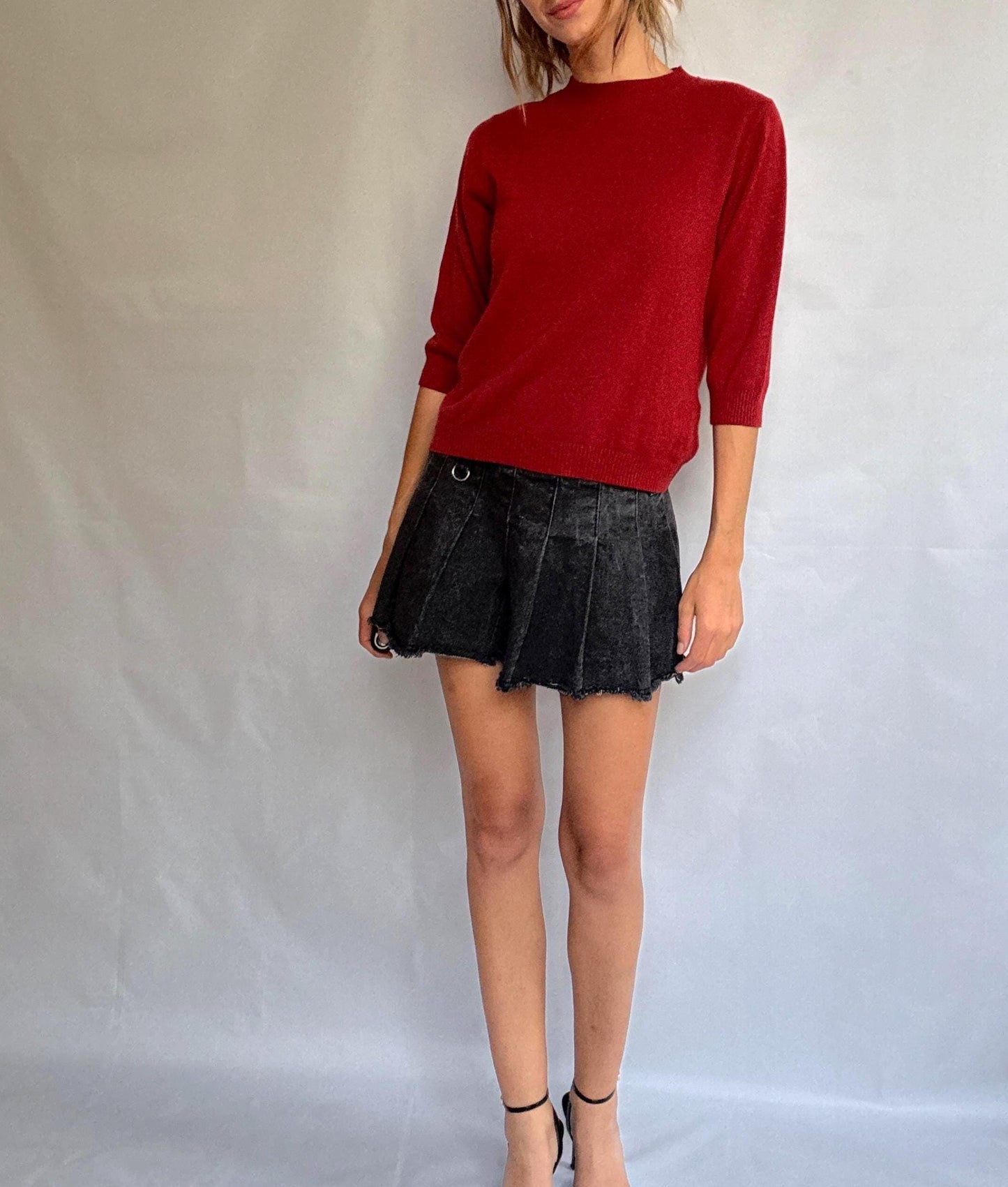Vintage red jumper by Adolfo Dominguez – wool blend feel, crew neck, soft textured knit, relaxed fit, size L