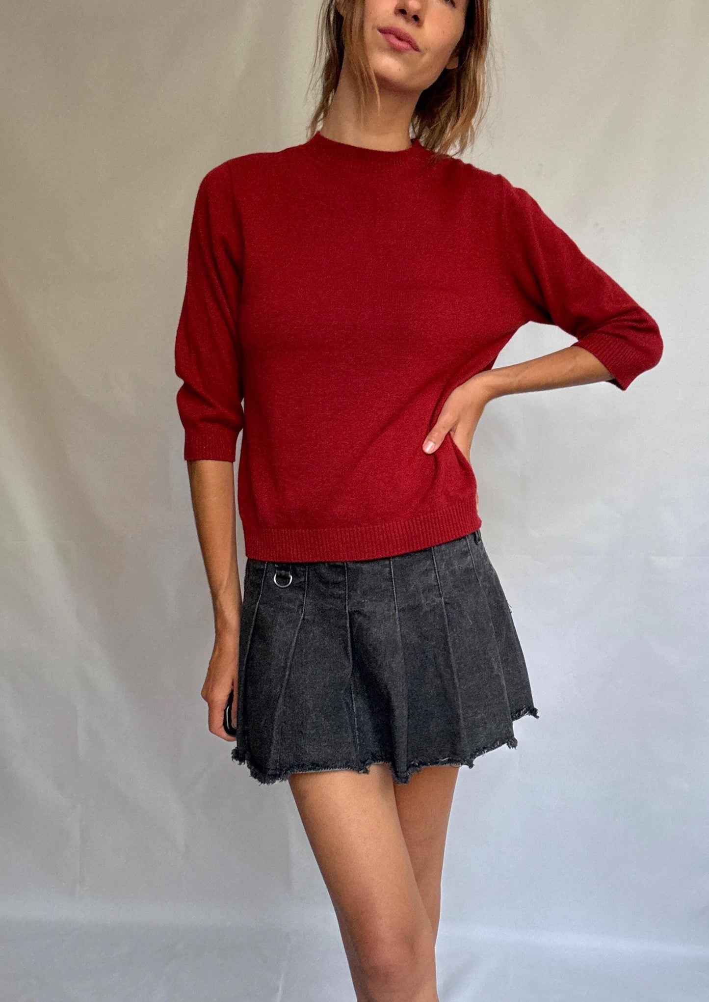 Vintage red jumper by Adolfo Dominguez – wool blend feel, crew neck, soft textured knit, relaxed fit, size L
