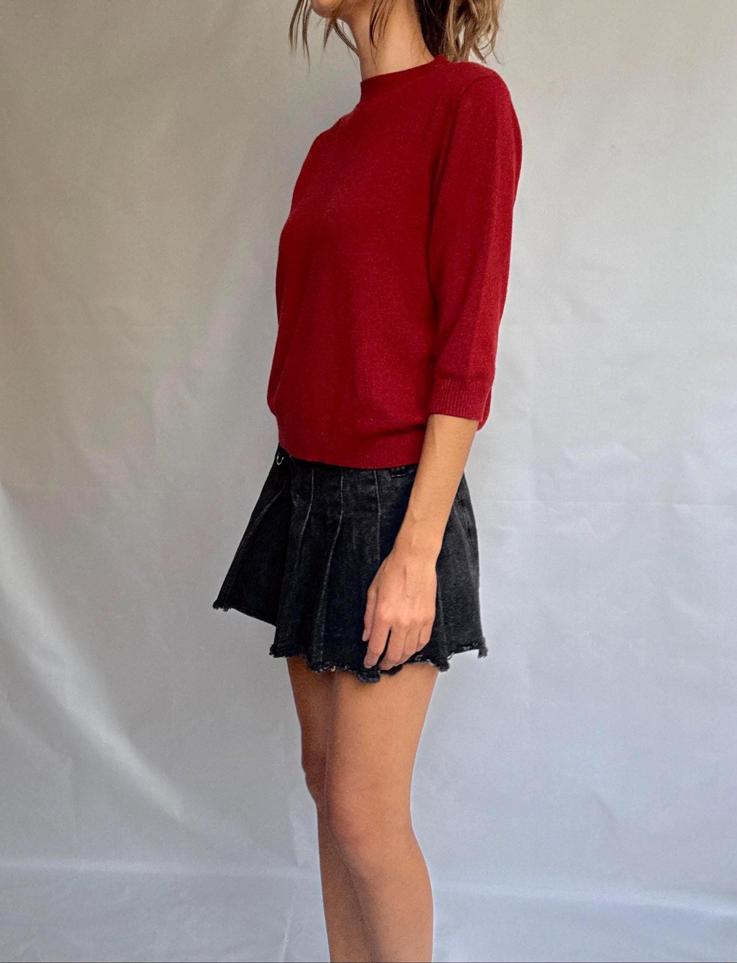 Vintage red jumper by Adolfo Dominguez – wool blend feel, crew neck, soft textured knit, relaxed fit, size L