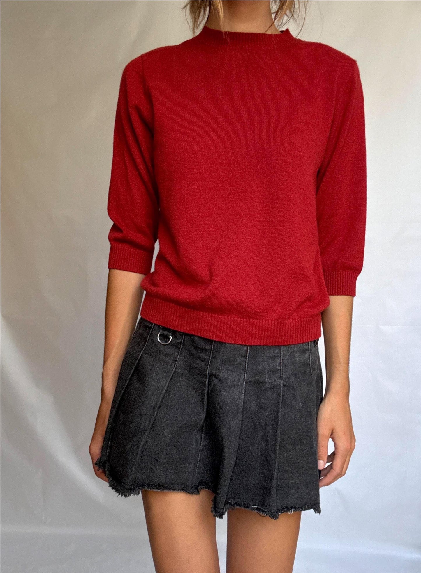 Vintage red jumper by Adolfo Dominguez – wool blend feel, crew neck, soft textured knit, relaxed fit, size L