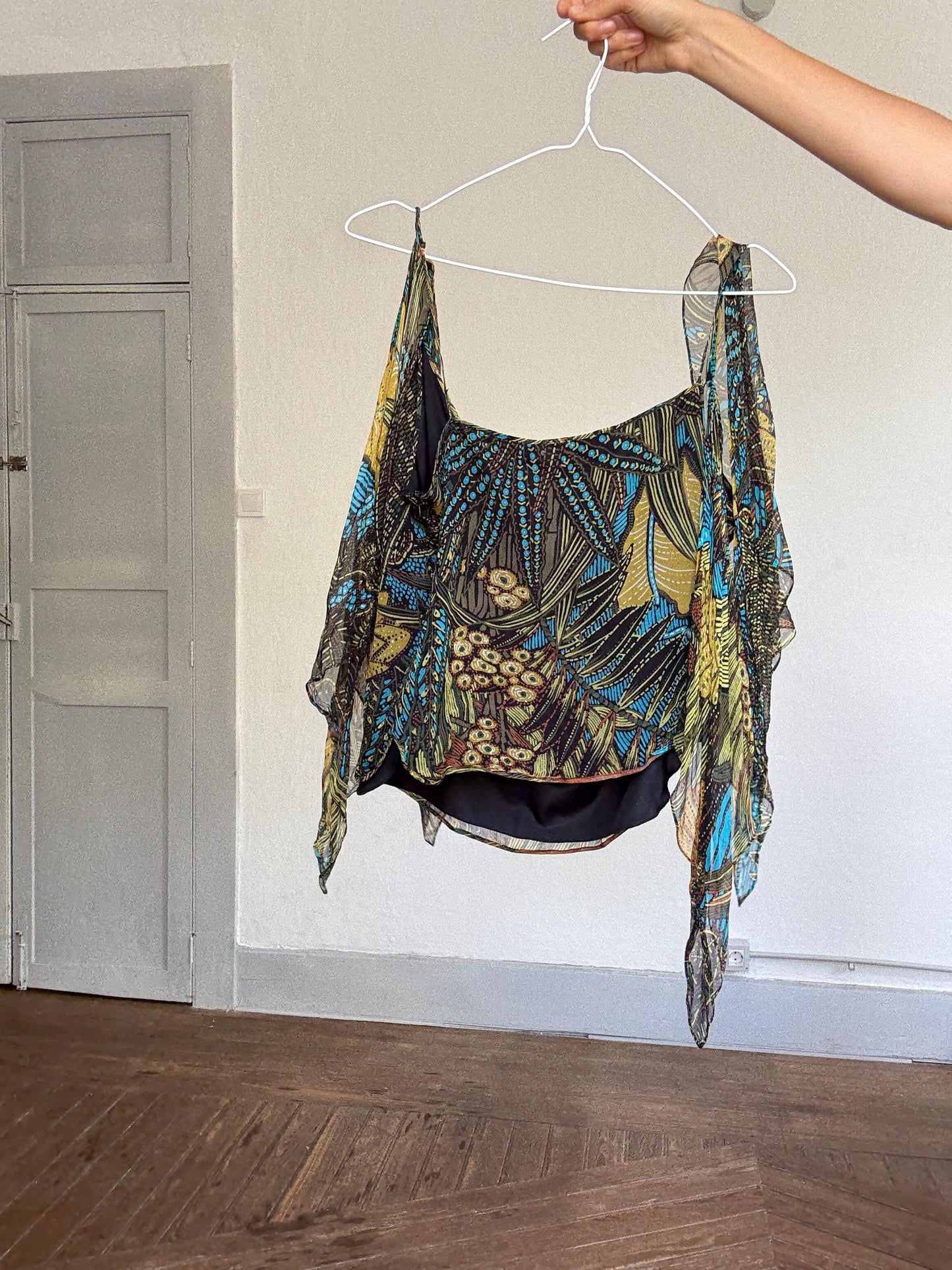 Max Mara Pure Silk Boho Top | Designer Cold Shoulder Blouse | Luxury Leaf Print Festival Top