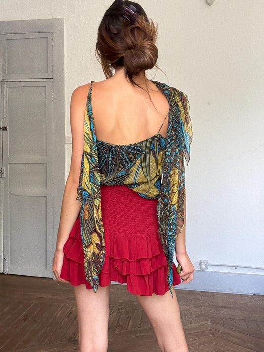 Max Mara Pure Silk Boho Top | Designer Cold Shoulder Blouse | Luxury Leaf Print Festival Top