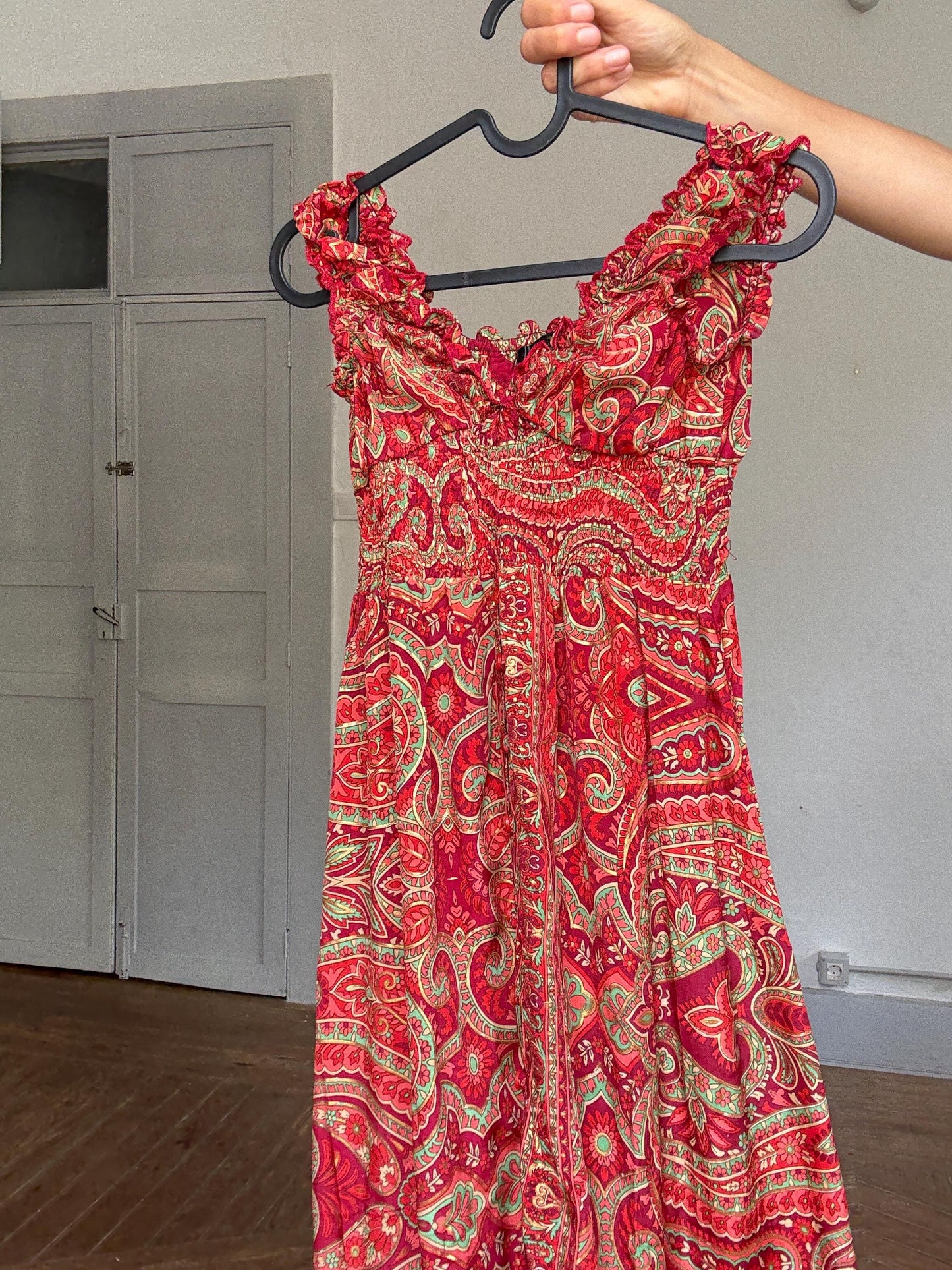 Silk Boho Maxi Dress | Red Gold Summer Dress | Romantic V Neck Silk Dress | Vintage Inspired Gypsy Gown | Size S