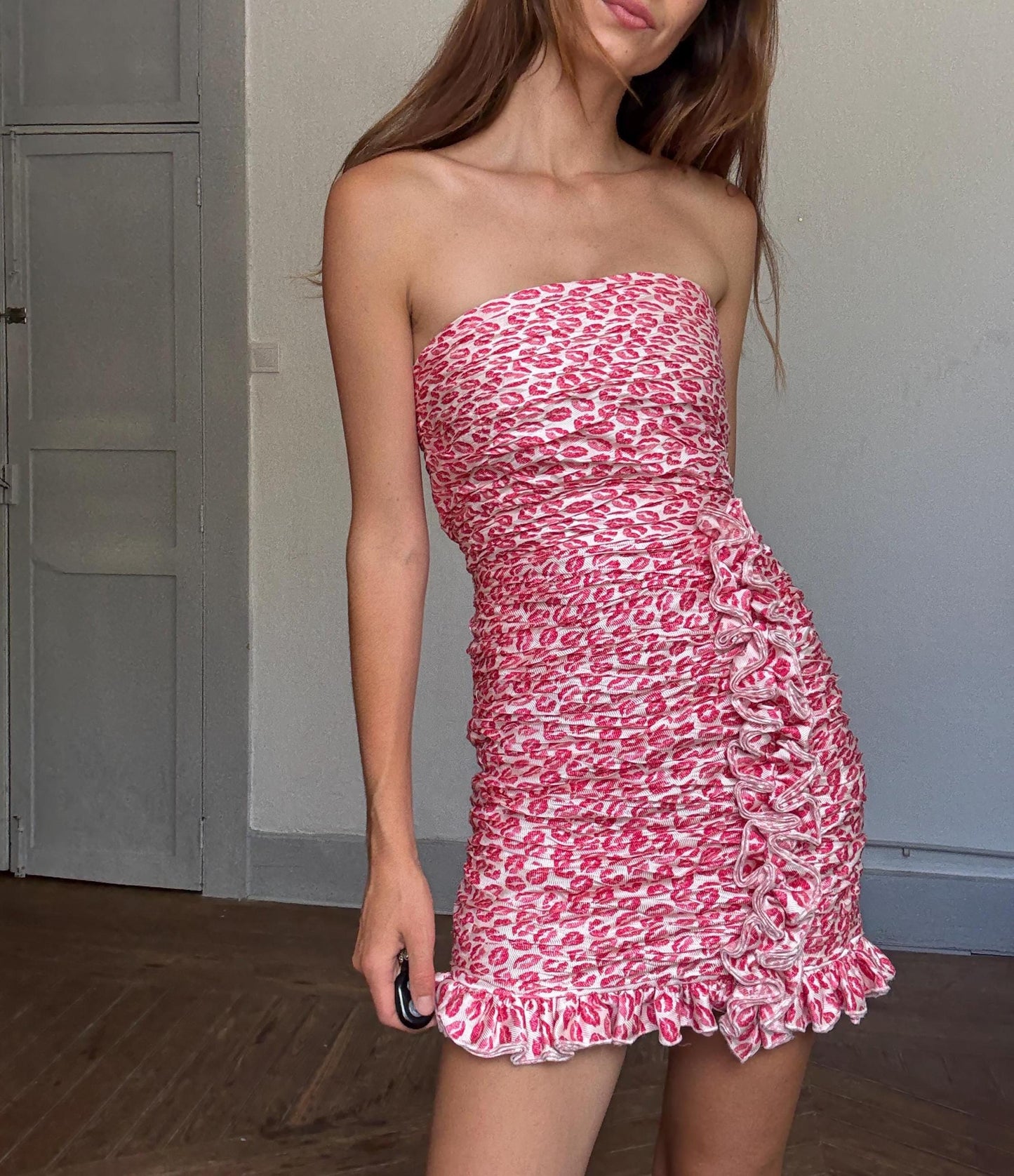 Manoush Y2K Kiss Print Mini Dress | 00s Strapless Pink Lipstick Dress | Ruffle Hem Party Dress | Size FR 36 / UK 8 / US 4