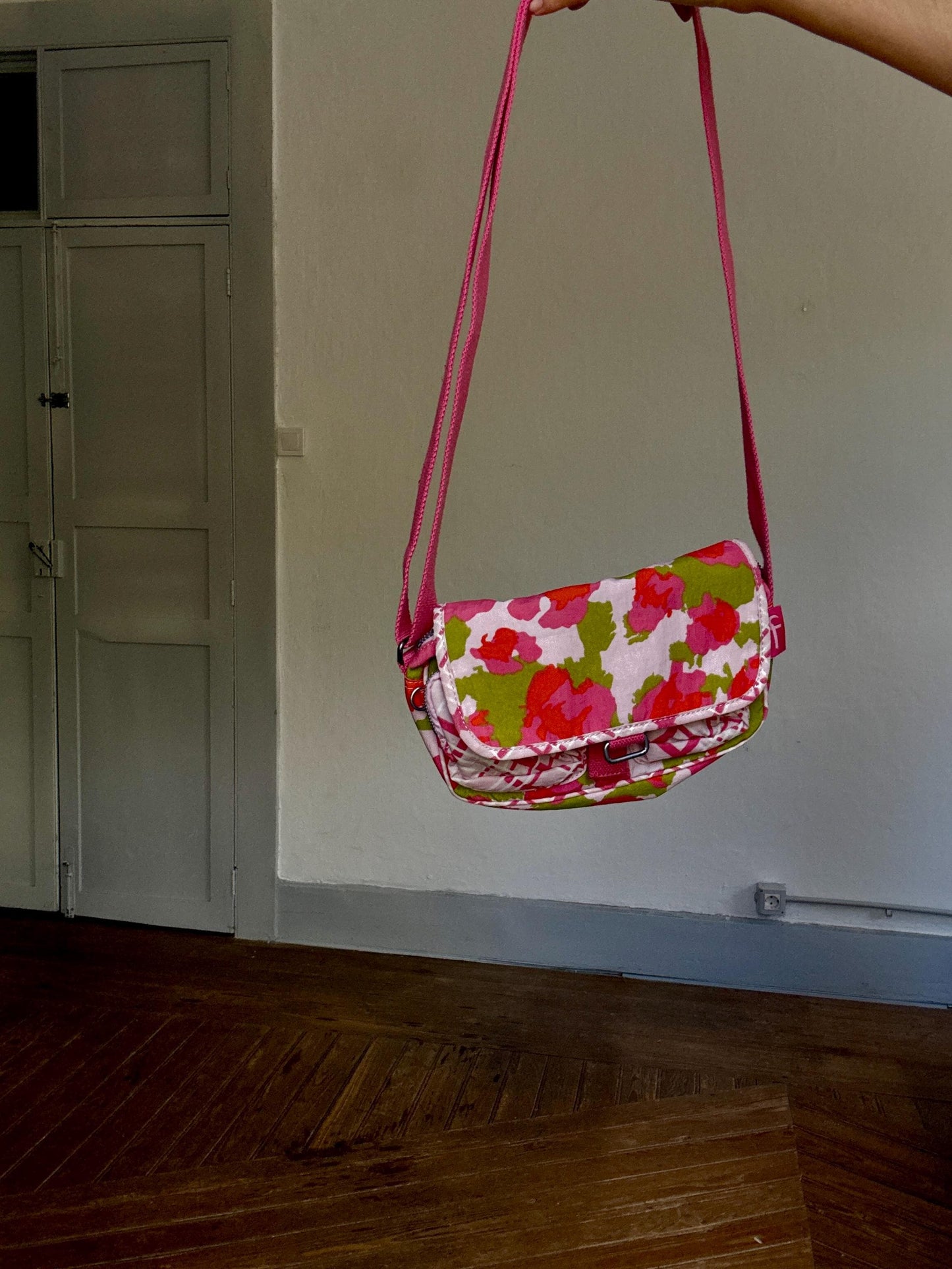 Kipling Pink Floral Shoulder Bag | Y2K Style Nylon Crossbody | Bold Patterned Secondhand Bag | No Monkey Charm