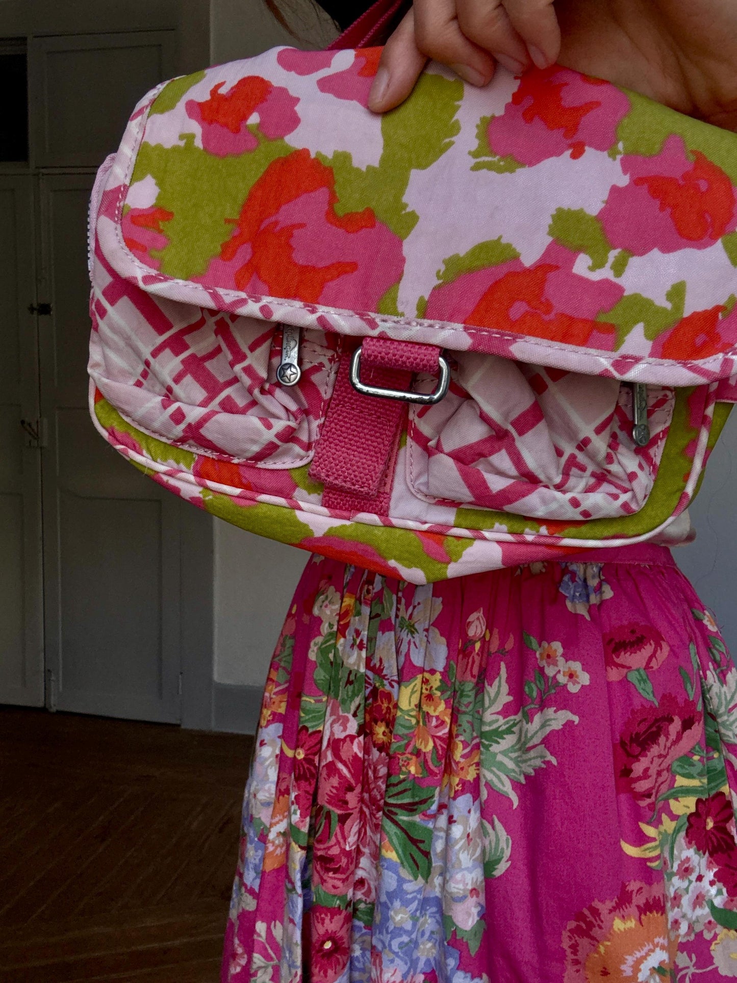 Kipling Pink Floral Shoulder Bag | Y2K Style Nylon Crossbody | Bold Patterned Secondhand Bag | No Monkey Charm