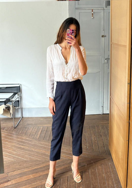 Pennyblack Wool Pants, Made in Italy, High-Waisted Cropped Trousers, Navy Blue Tailored Pants, Vintage Minimalist Style, Size IT 44 (M-L)