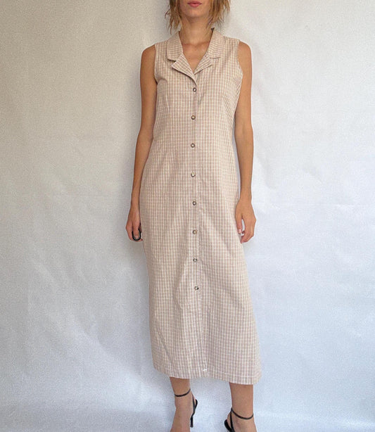 Vintage Sleeveless Button-Down Midi Dress – 100% Cotton – Made in USA – Minimalist Cottagecore, Size Medium