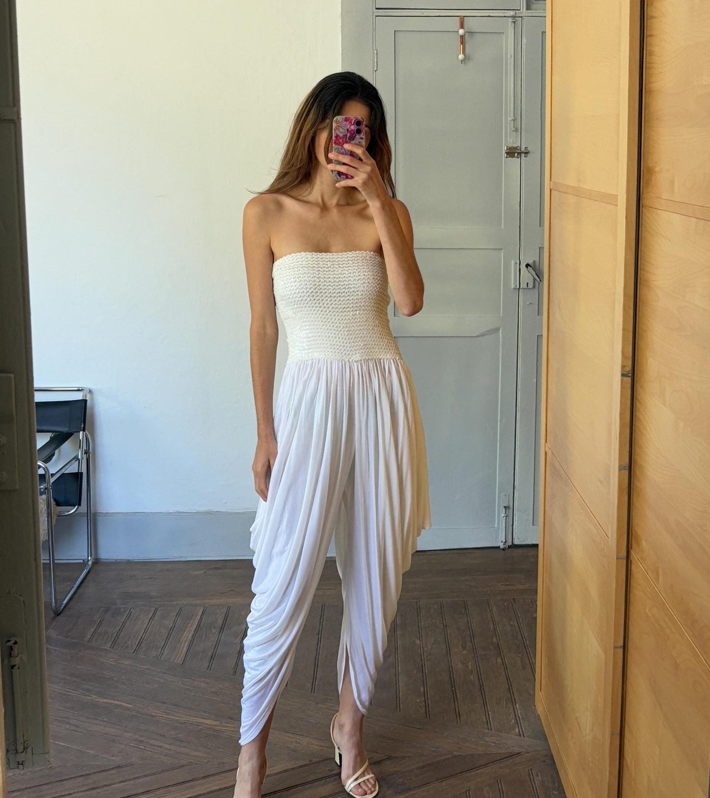 Vintage White Sequin Bandeau Jumpsuit, Draped Harem Leg Romper, Ethereal Boho Wedding Outfit, Elegant Cocktail Party Playsuit, Retro Fashion
