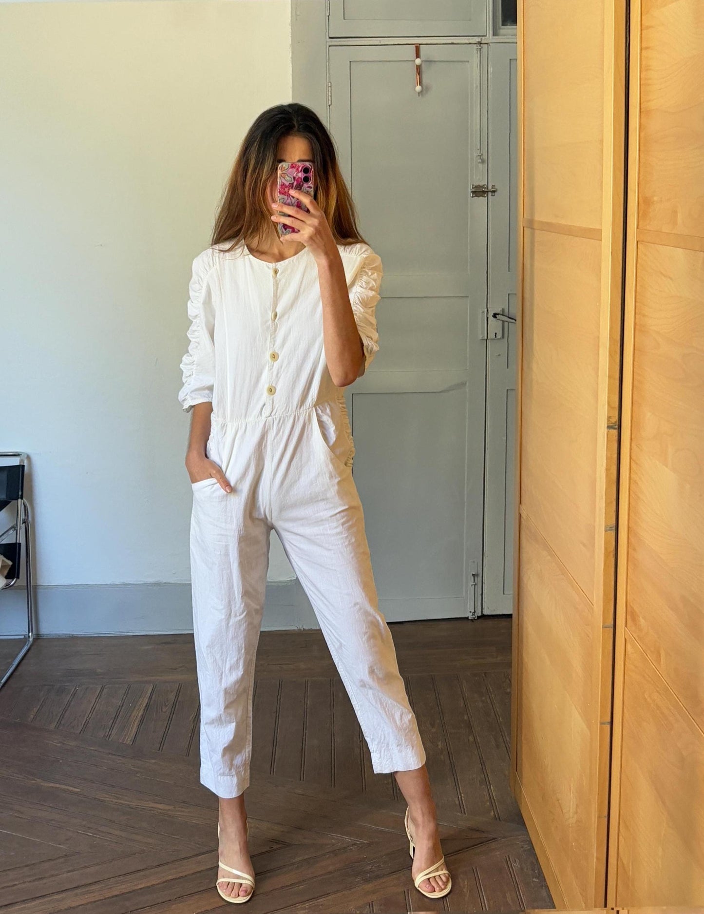 Vintage white long jumpsuit, Retro puff sleeve playsuit, loose fit play outfit, Retro workwear, S