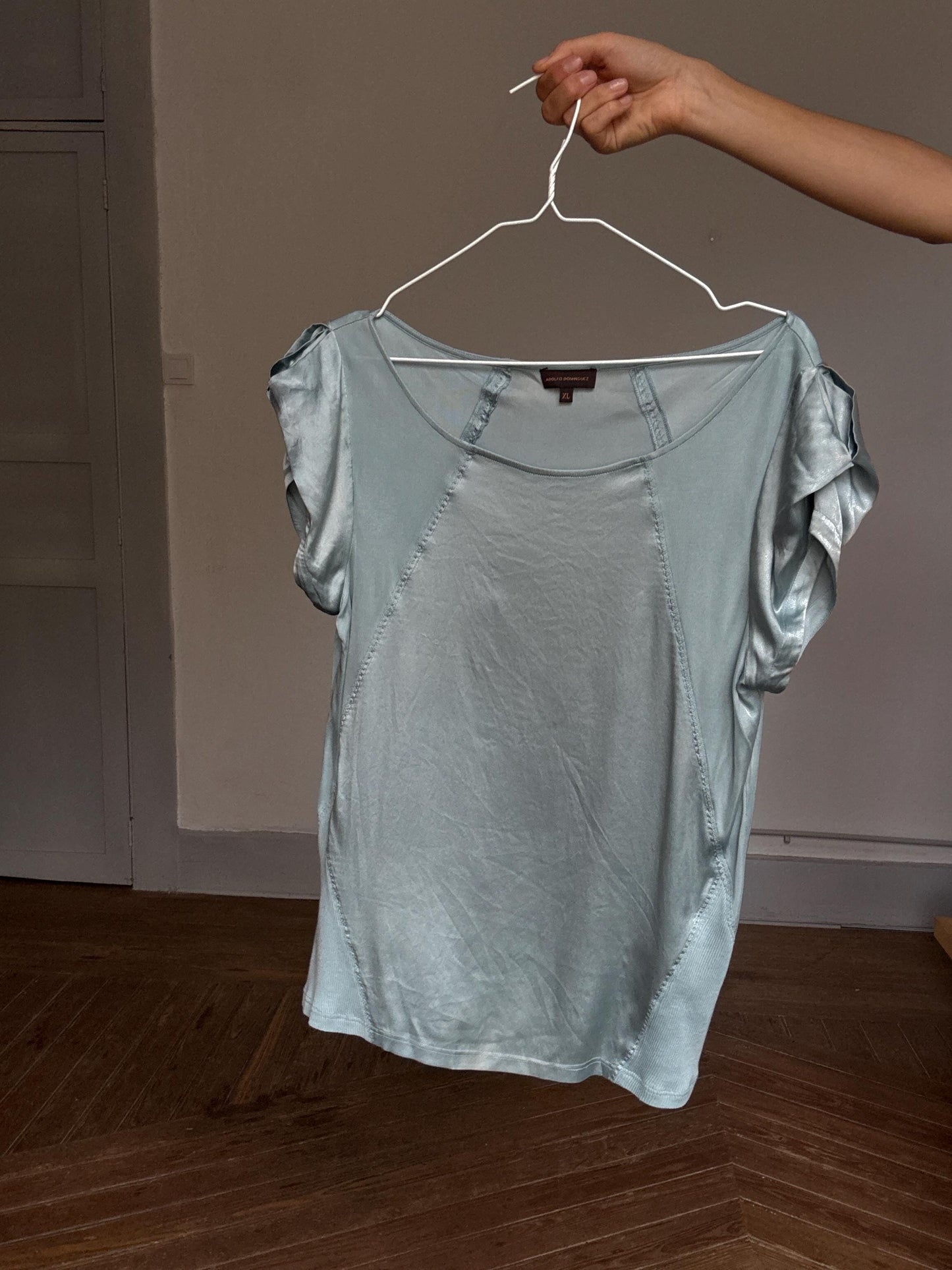 Adolfo Dominguez silk blend top – icy blue satin sheen, draped fit, cap sleeves, elegant fluid style in luxe viscose-silk mix