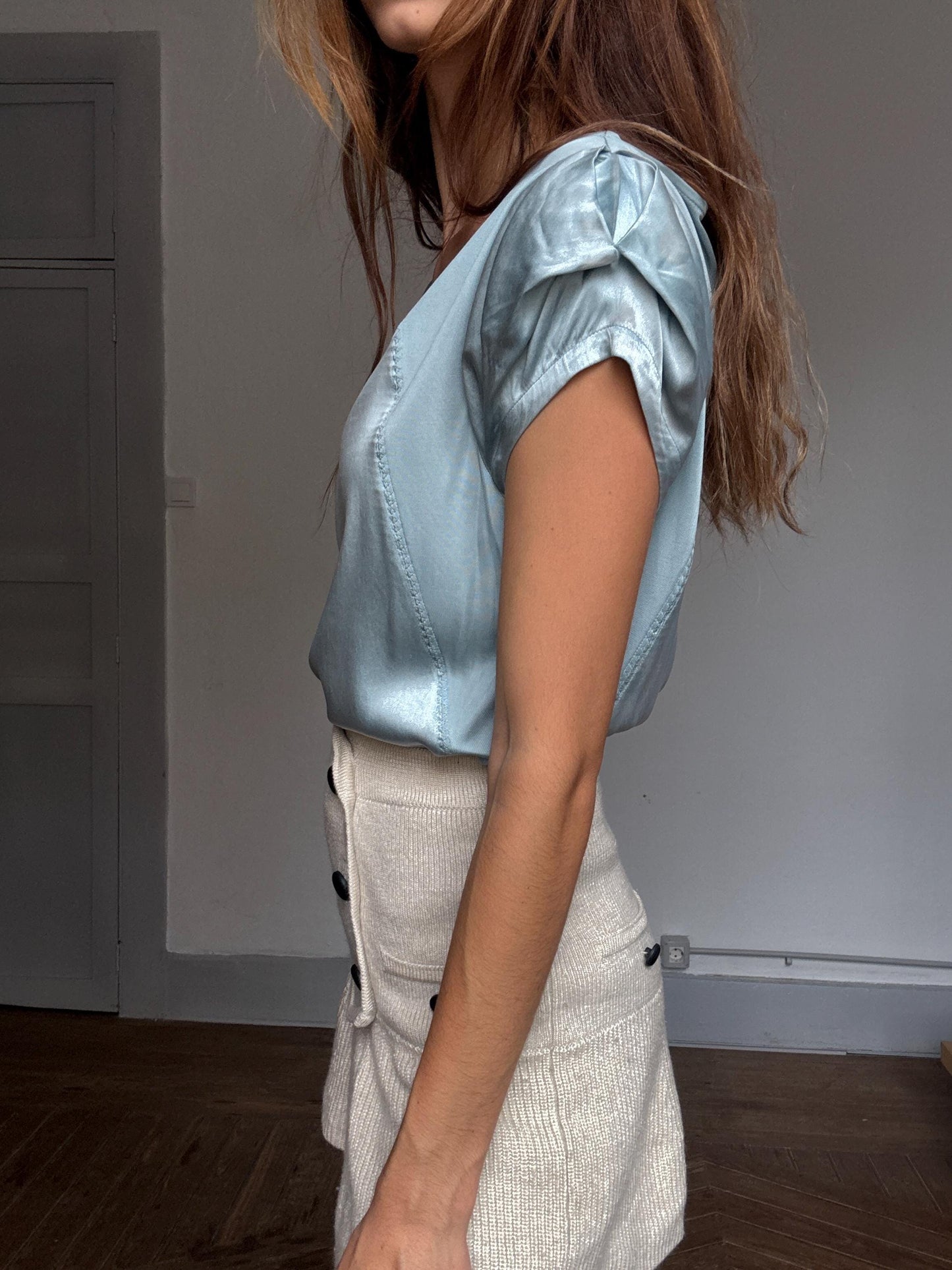 Adolfo Dominguez silk blend top – icy blue satin sheen, draped fit, cap sleeves, elegant fluid style in luxe viscose-silk mix