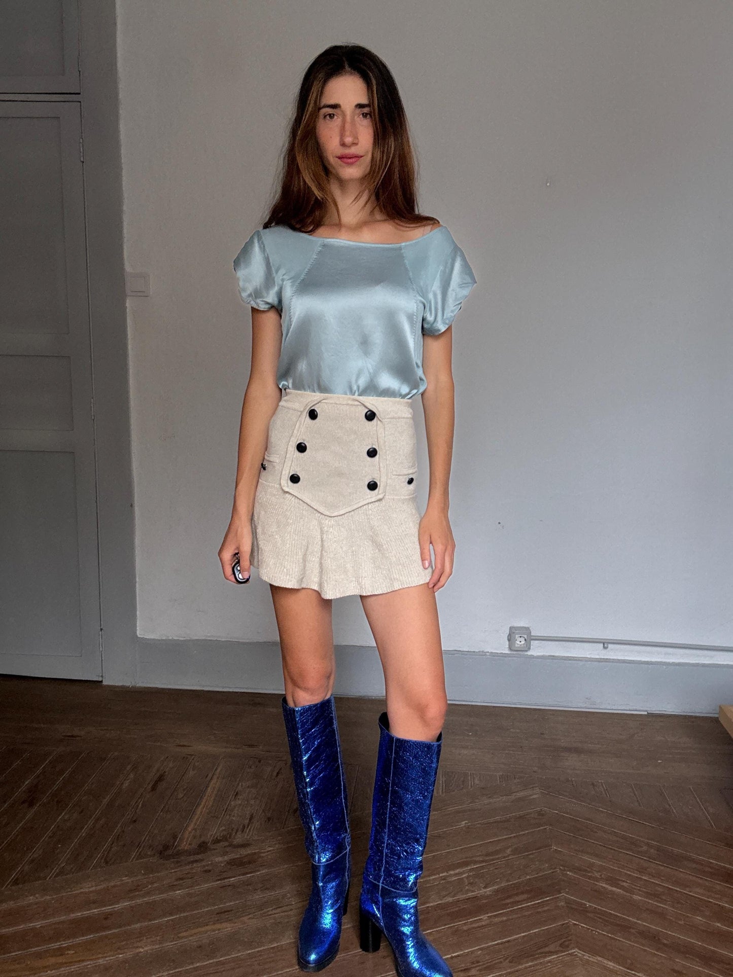 Adolfo Dominguez silk blend top – icy blue satin sheen, draped fit, cap sleeves, elegant fluid style in luxe viscose-silk mix