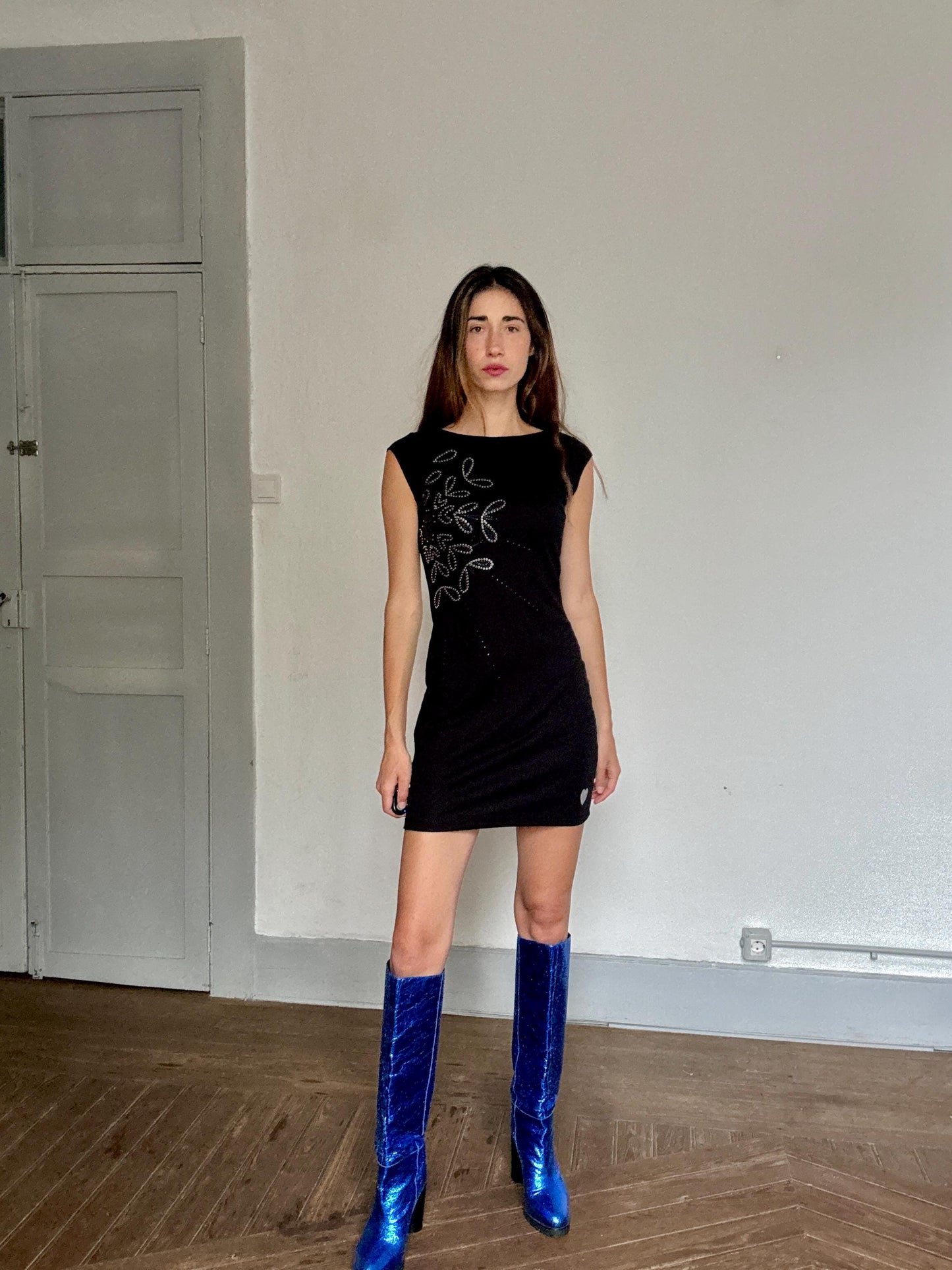 Desigual Black Mini Dress – Sleeveless Bodycon Casual Party Dress – Y2K Crystal Detail – Size S