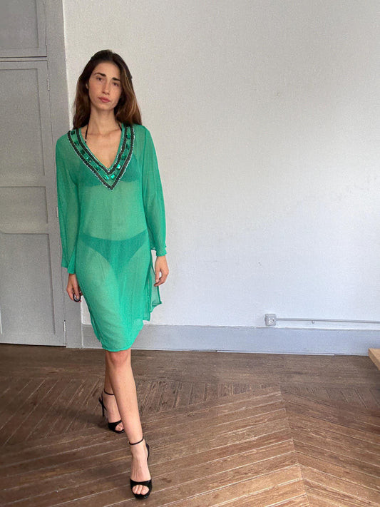 Vintage green sheer tunic dress with deep V neckline – beaded gemstone trim, flowy silhouette, KLUMI, M/L fit, glam beach cover-up
