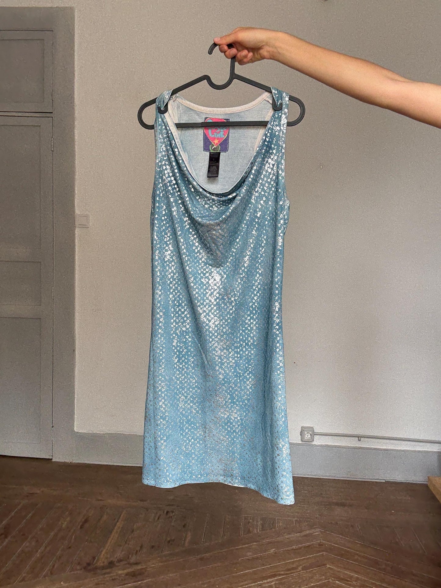 Vintage Gusto Lime Sparkle Mini Dress – Blue & Silver Metallic Party Dress – Y2K Clubwear – Cowl Neck Sleeveless Bodycon