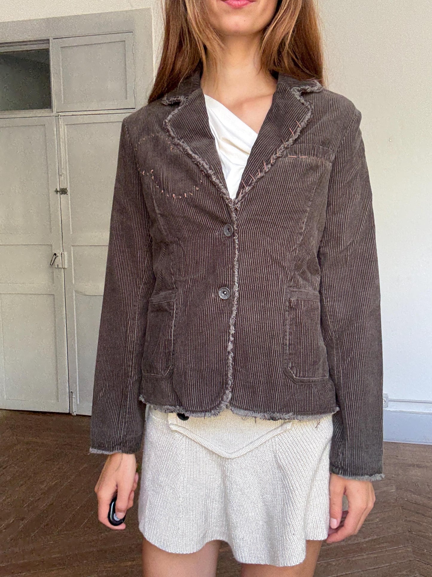 Y2K Corduroy Blazer Jacket – Silvian Heach | Dark Brown Distressed Stitch Detail | Bella Hadid Street Style Vibe | Grunge Academia | Size L