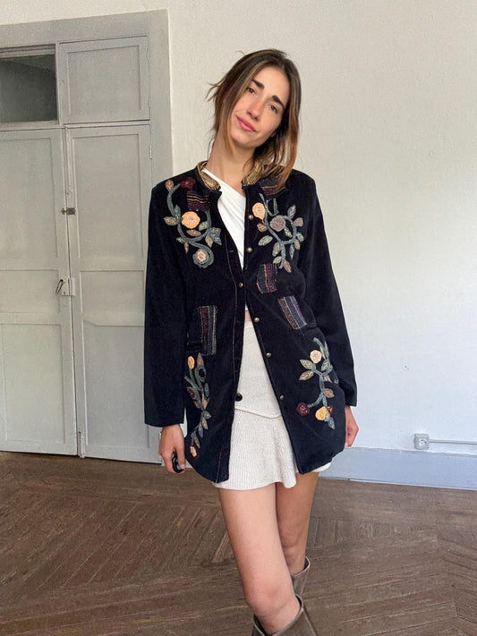Embroidered Velvet Jacket – Boho Floral Beaded Coat | Peace + Love Long Blazer | 100% Cotton | Patchwork Folk Jacket Size L