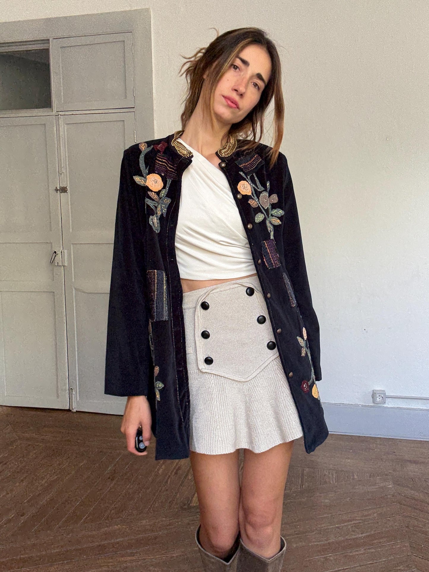 Embroidered Velvet Jacket – Boho Floral Beaded Coat | Peace + Love Long Blazer | 100% Cotton | Patchwork Folk Jacket Size L