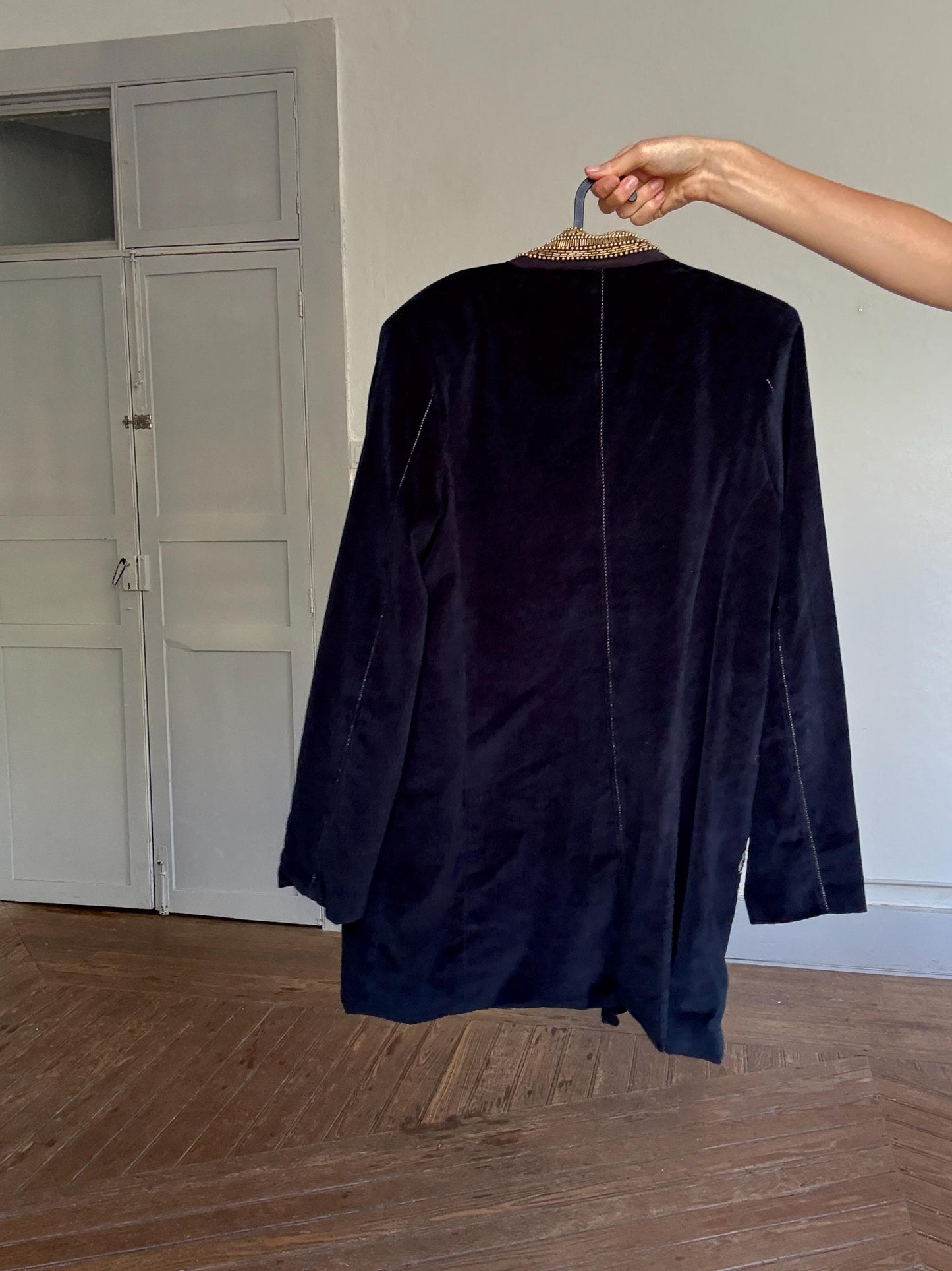 Embroidered Velvet Jacket – Boho Floral Beaded Coat | Peace + Love Long Blazer | 100% Cotton | Patchwork Folk Jacket Size L