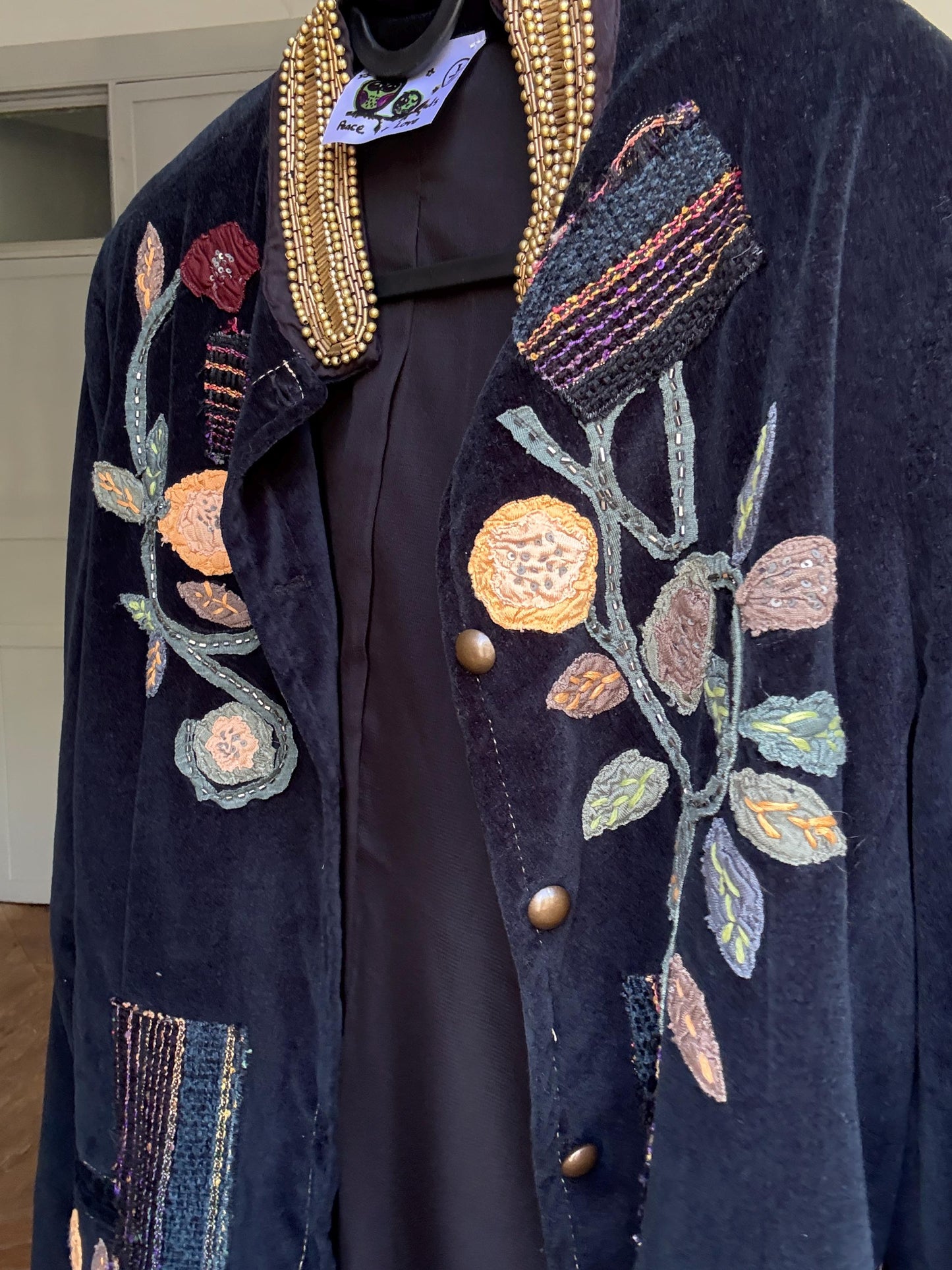 Embroidered Velvet Jacket – Boho Floral Beaded Coat | Peace + Love Long Blazer | 100% Cotton | Patchwork Folk Jacket Size L