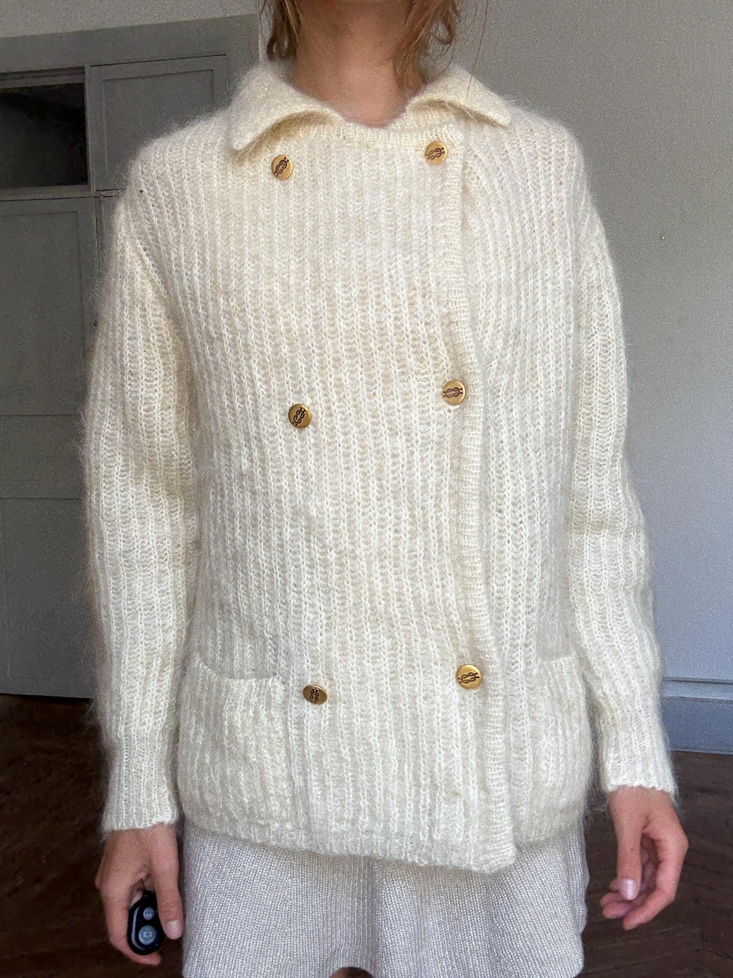 Vintage Cream Cardigan by Carmen Mir | Double-Breasted Knit with Gold Buttons | Size M-L