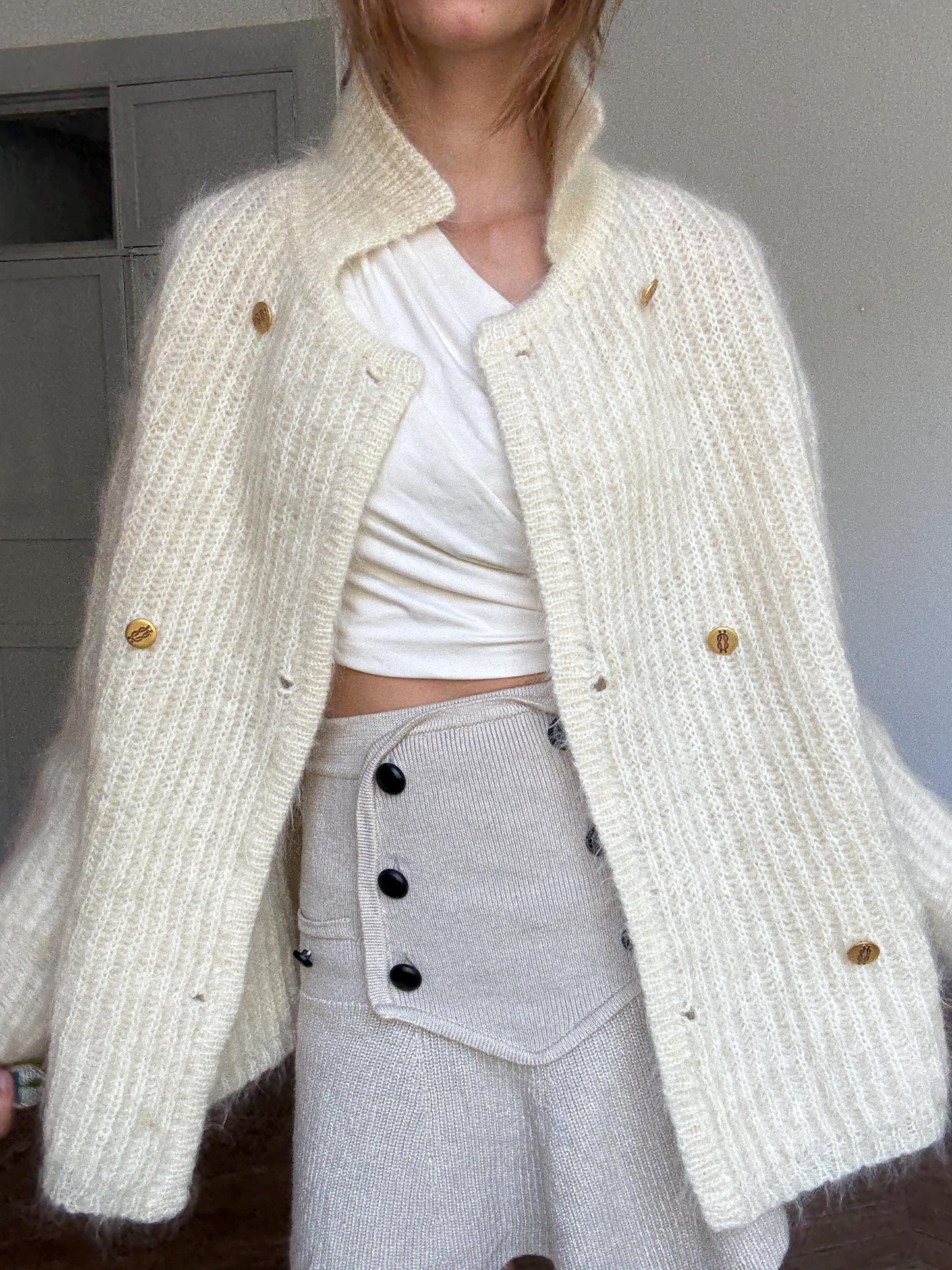 Vintage Cream Cardigan by Carmen Mir | Double-Breasted Knit with Gold Buttons | Size M-L