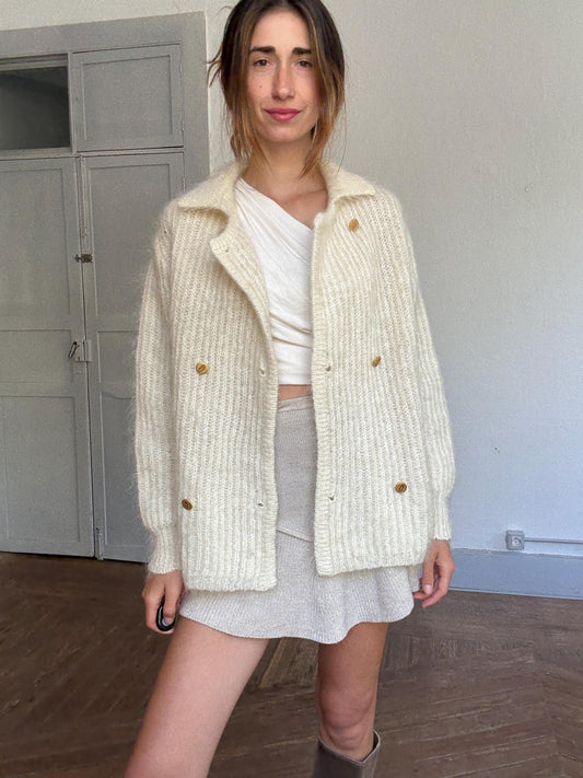 Vintage Cream Cardigan by Carmen Mir | Double-Breasted Knit with Gold Buttons | Size M-L