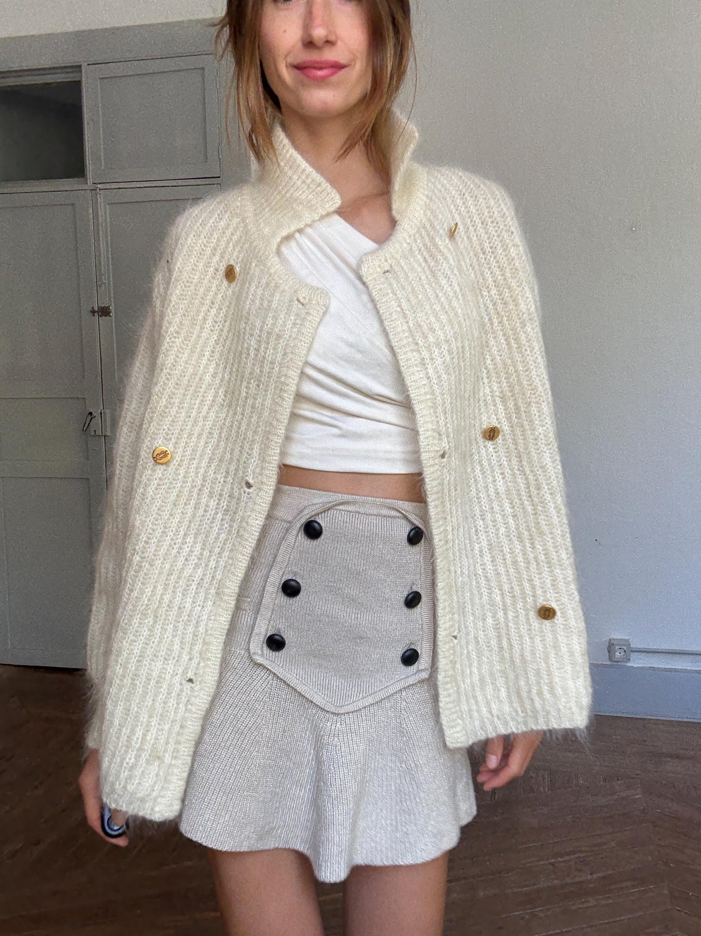 Vintage Cream Cardigan by Carmen Mir | Double-Breasted Knit with Gold Buttons | Size M-L