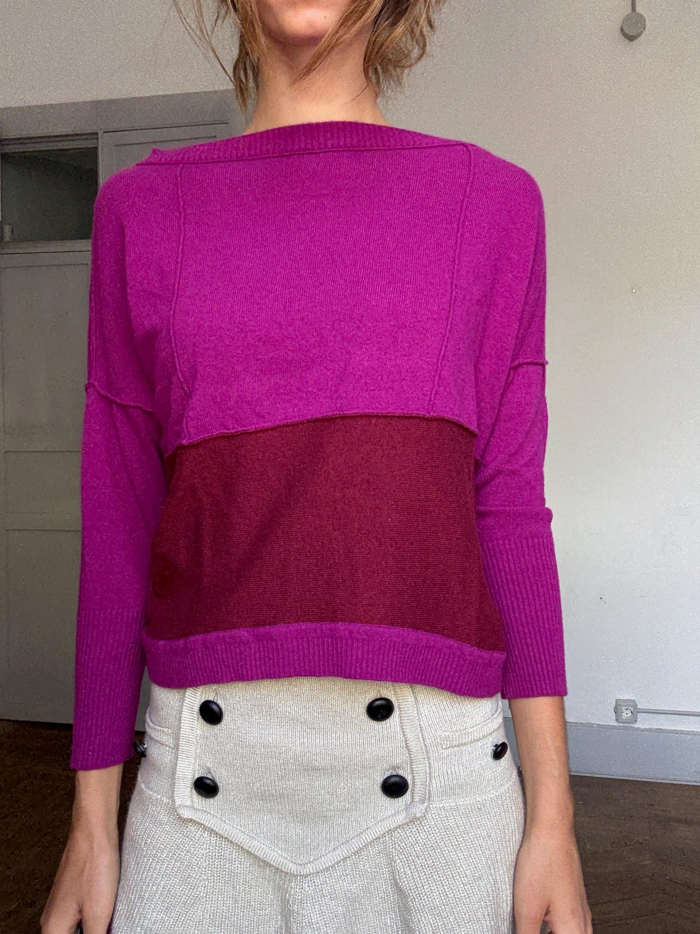 Italian Pink Colorblock Knit Sweater – Guardaroba Wool Cashmere Pullover – Vintage Y2K Inspired Minimalist Jumper – Made in Italy