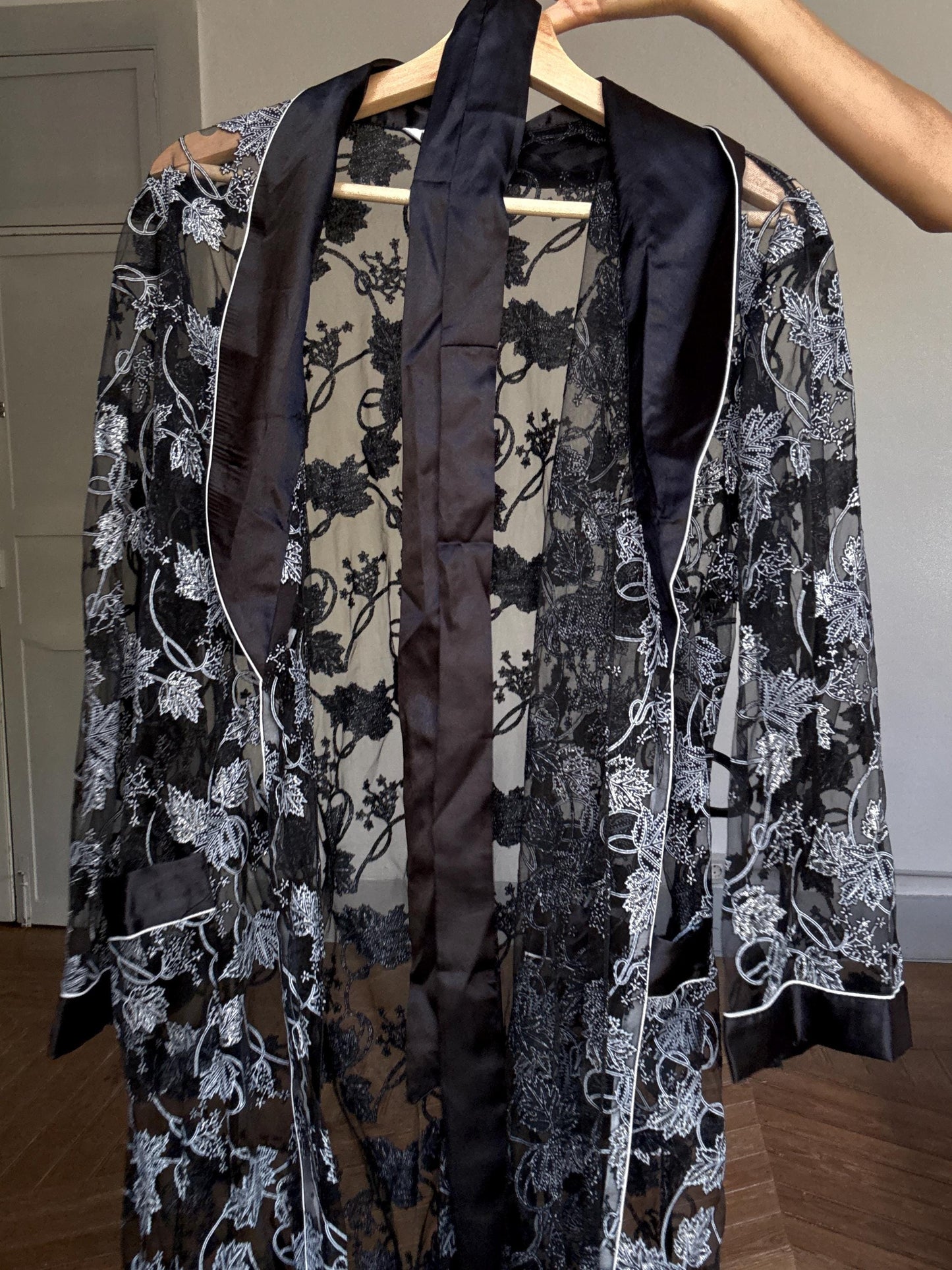 Vintage Sheer Black Floral Robe with Satin Trim | Lingerie Cover Up | Size XL