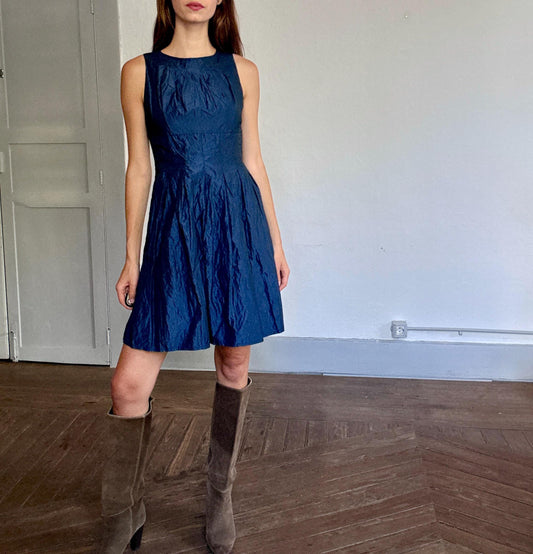 Adolfo Domínguez Vintage Blue Shimmer Dress – Metallic Look, Minimalist Aesthetic, Size S-M