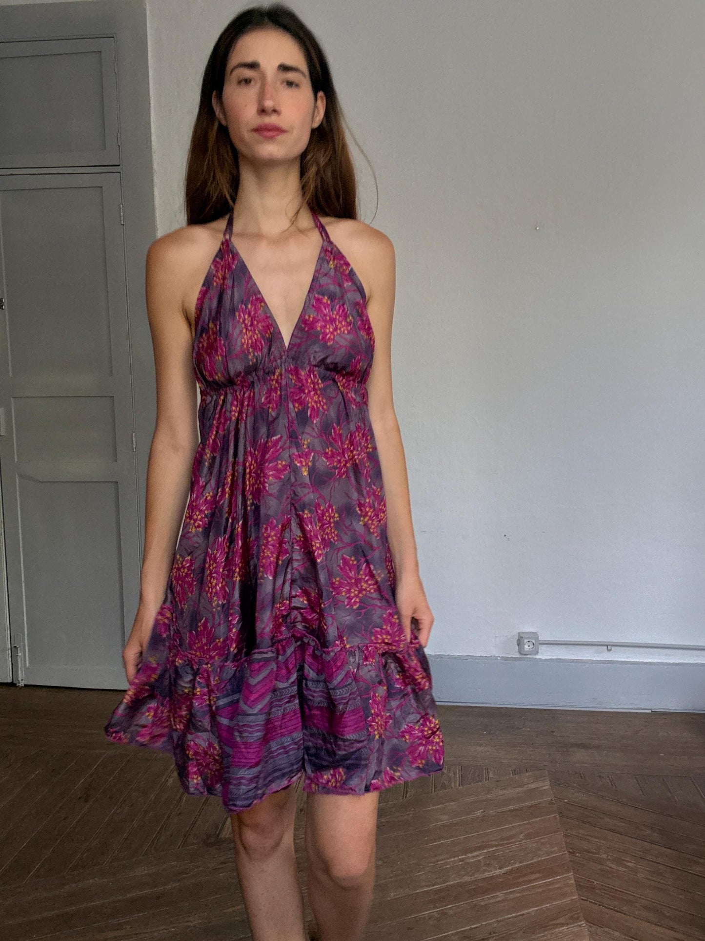 Boho Open Back Floral Halter Dress – 70% Silk, Y2K Festival Look, Size S-M