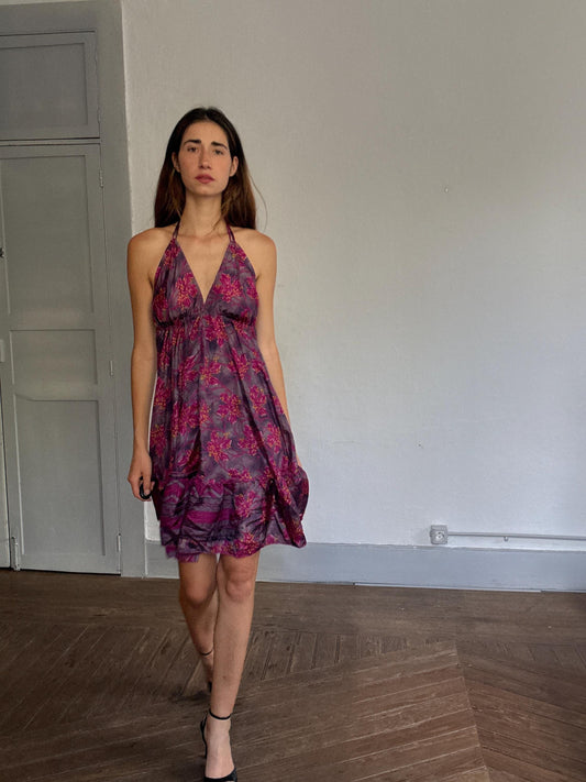 Boho Open Back Floral Halter Dress – 70% Silk, Y2K Festival Look, Size S-M