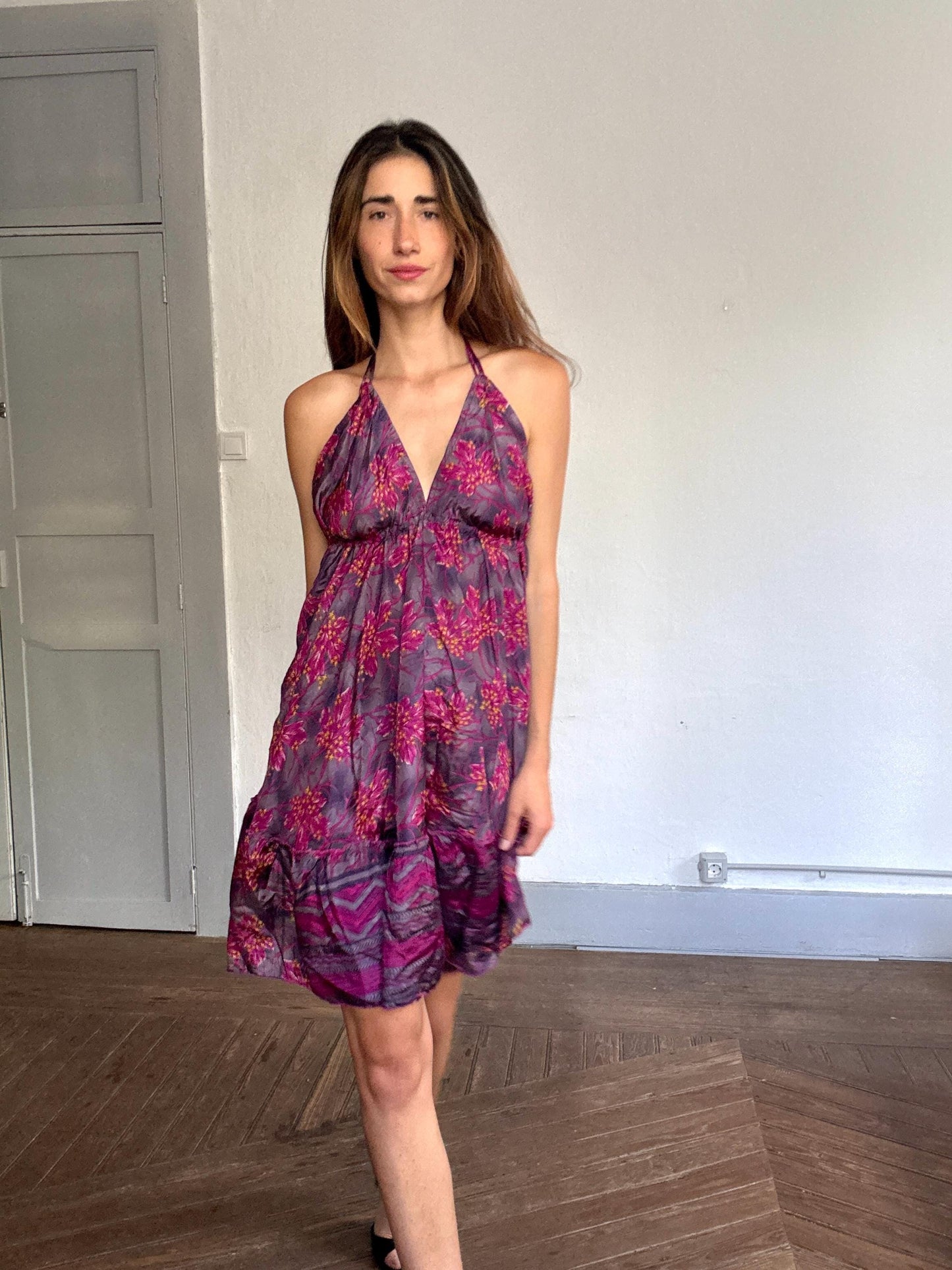 Boho Open Back Floral Halter Dress – 70% Silk, Y2K Festival Look, Size S-M
