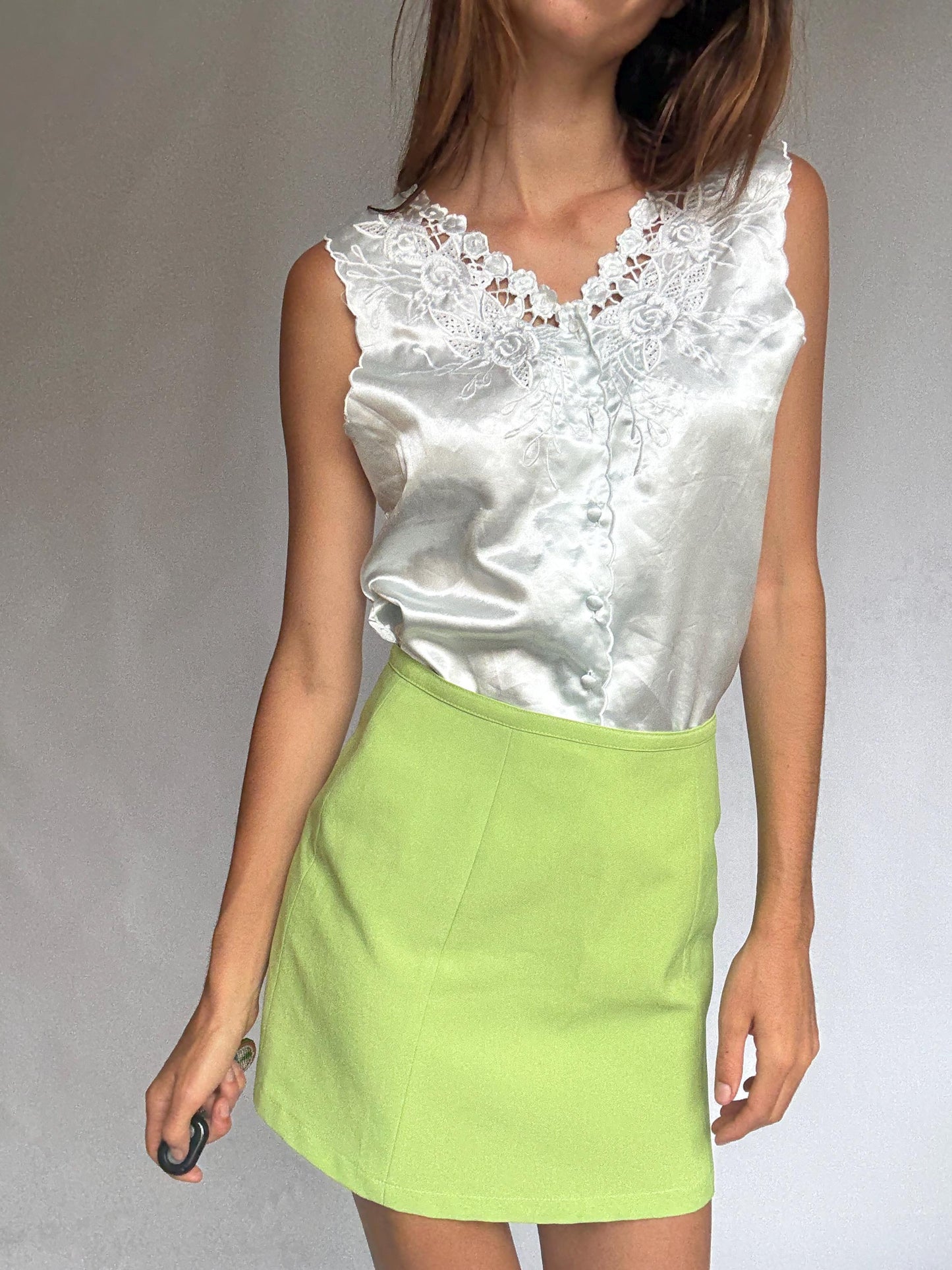 Vintage satin blouse by Cindrela – delicate lace trim & satin buttons – romantic ivory cami top – size 10