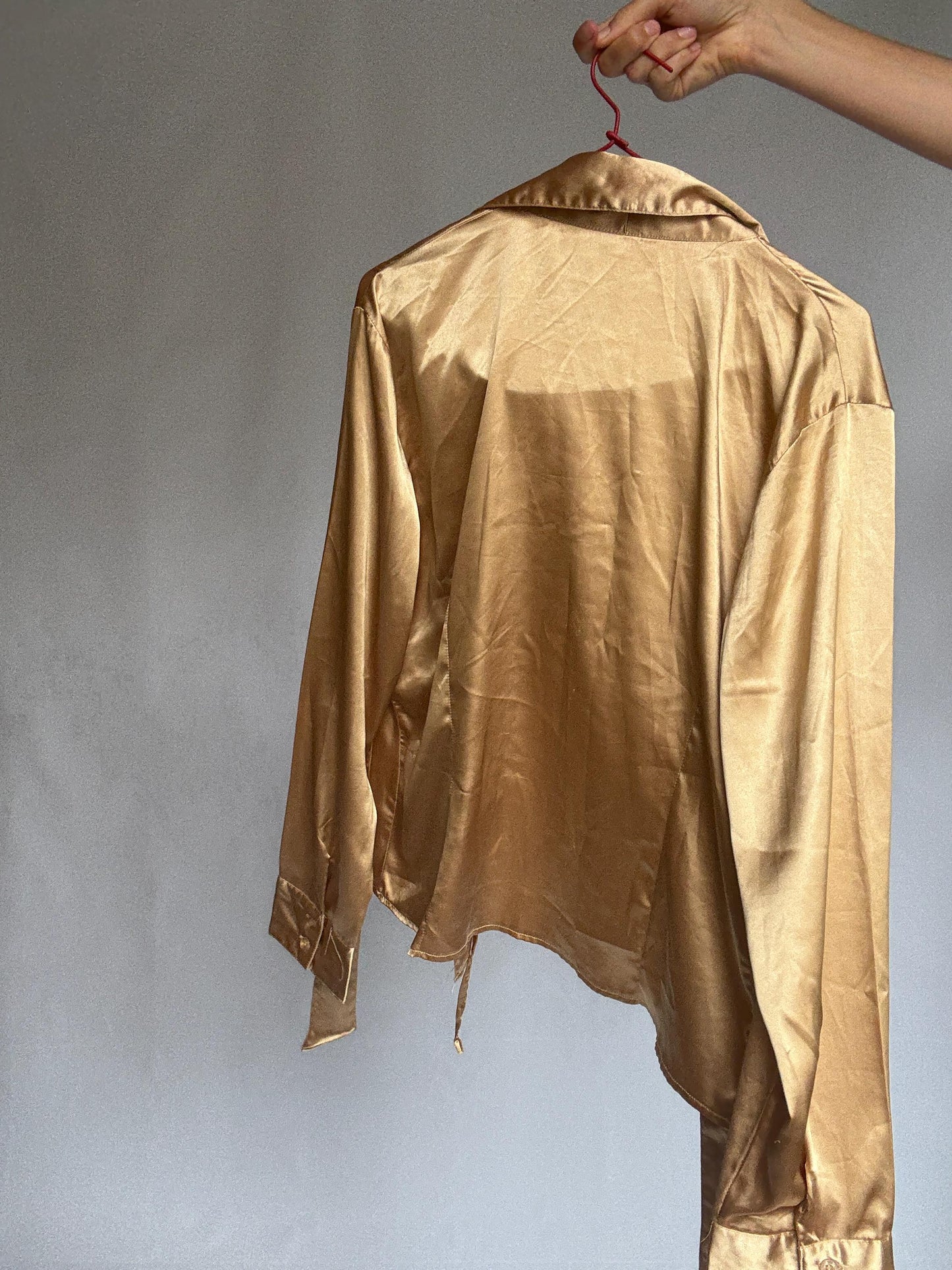 Gold satin wrap blouse by Jaramago – shiny tie-front long sleeve shirt – size 50 – adjustable fit – 100% polyester