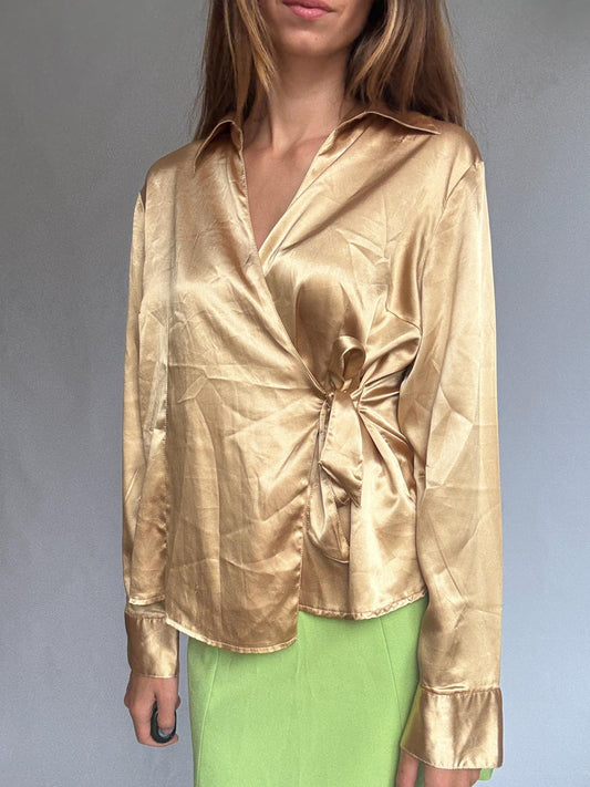 Gold Satin Wrap Blouse With Tie Front — detail