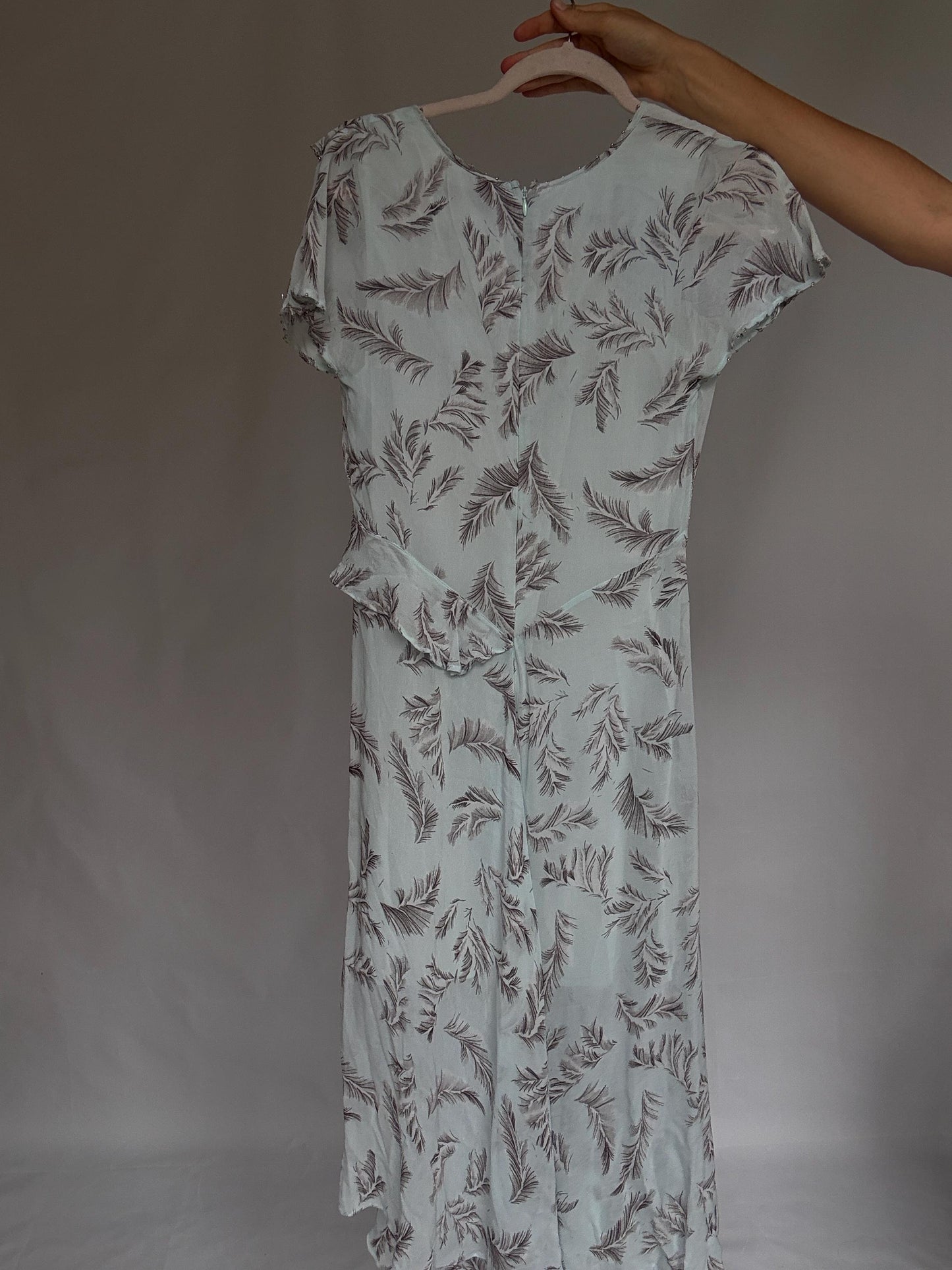Maison Derhy light blue summer ruffle dress with slit – romantic maxi for wedding guest or dinner, viscose & cotton, size S