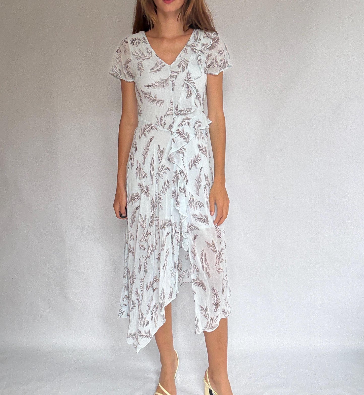 Maison Derhy light blue summer ruffle dress with slit – romantic maxi for wedding guest or dinner, viscose & cotton, size S