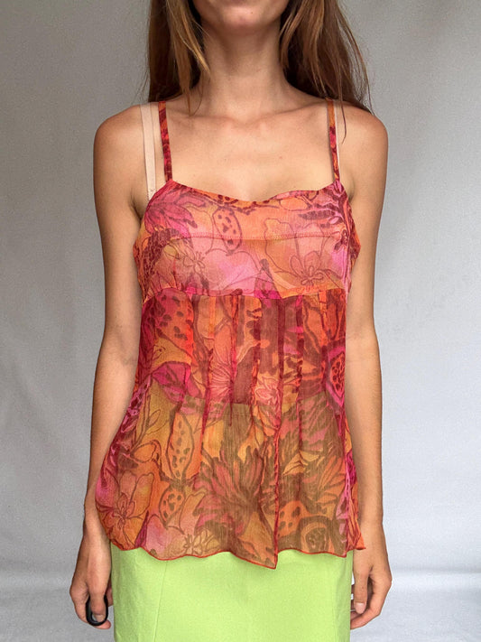 Sheer Floral Tank Top in Flowing Style — detail